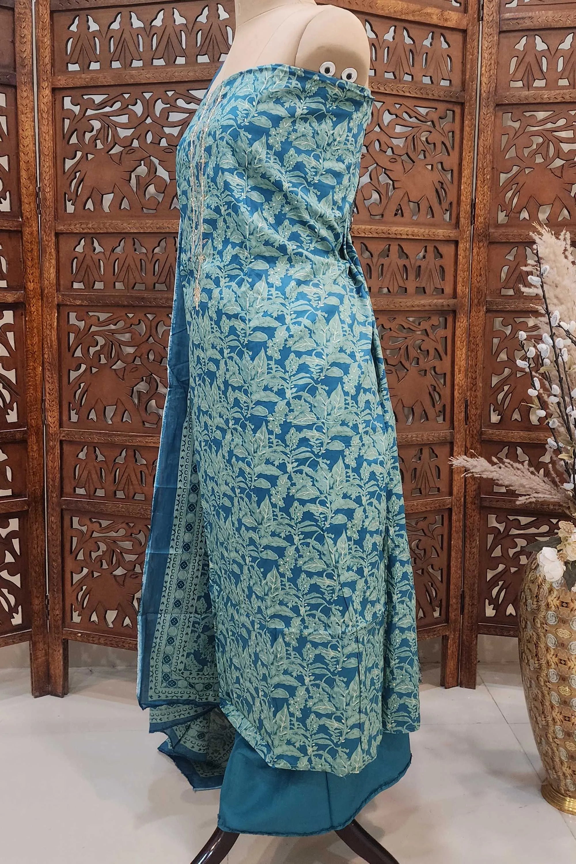Women Teal & Sea Green Floral Printed Pure Cotton Unstitched Dress Material with Gota Patti Work