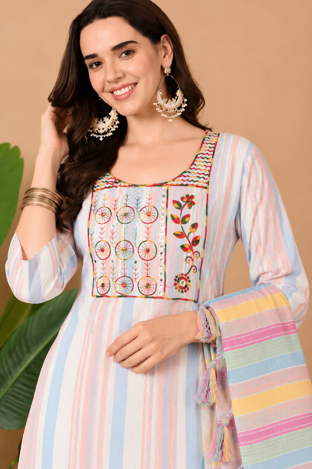 Multicolour Striped Cotton Kurta Set with Pink Pants and Cotton Dupatta for Women