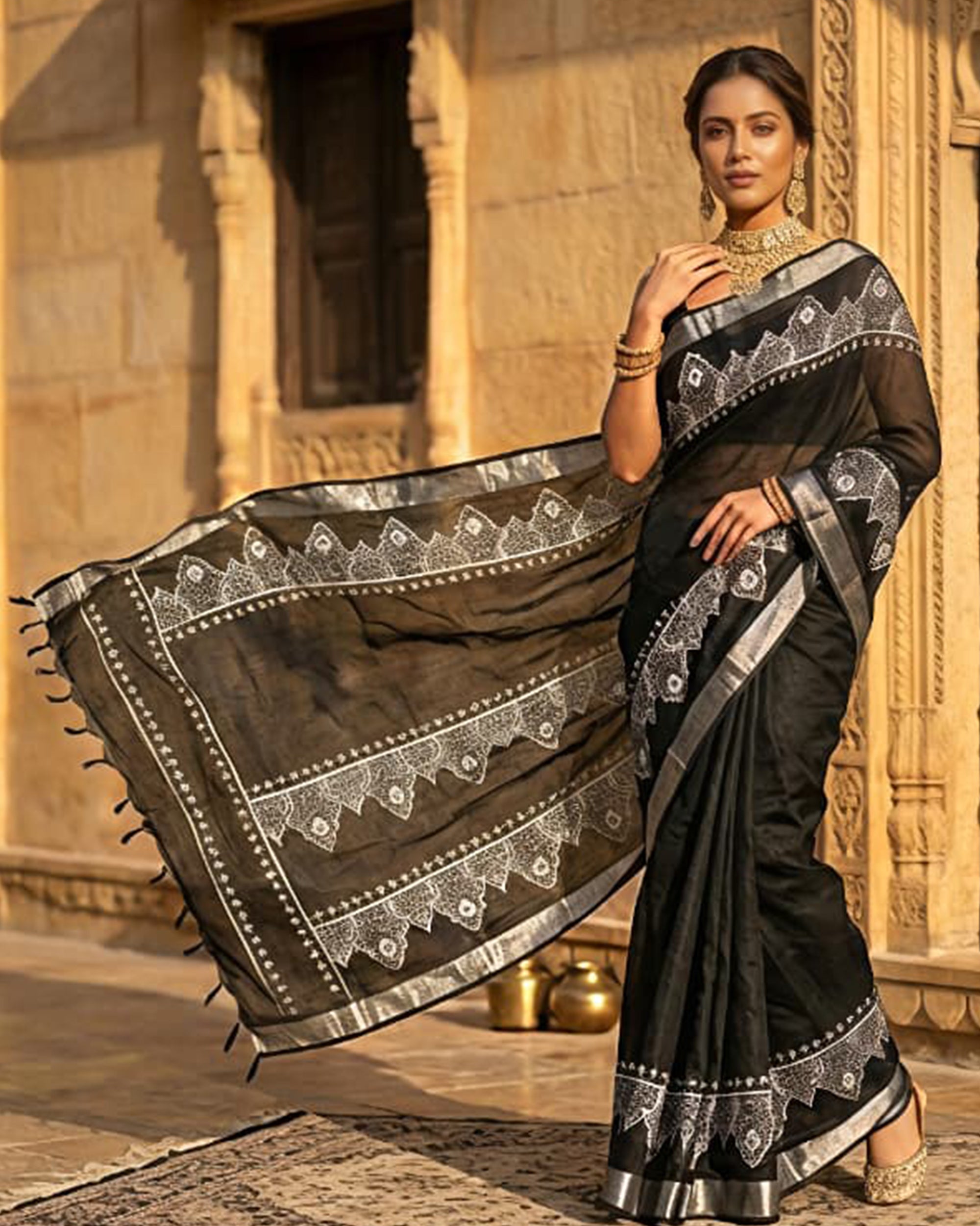 Women Black & Silver-Toned Pure Cotton Woven Design Saree with Tassels