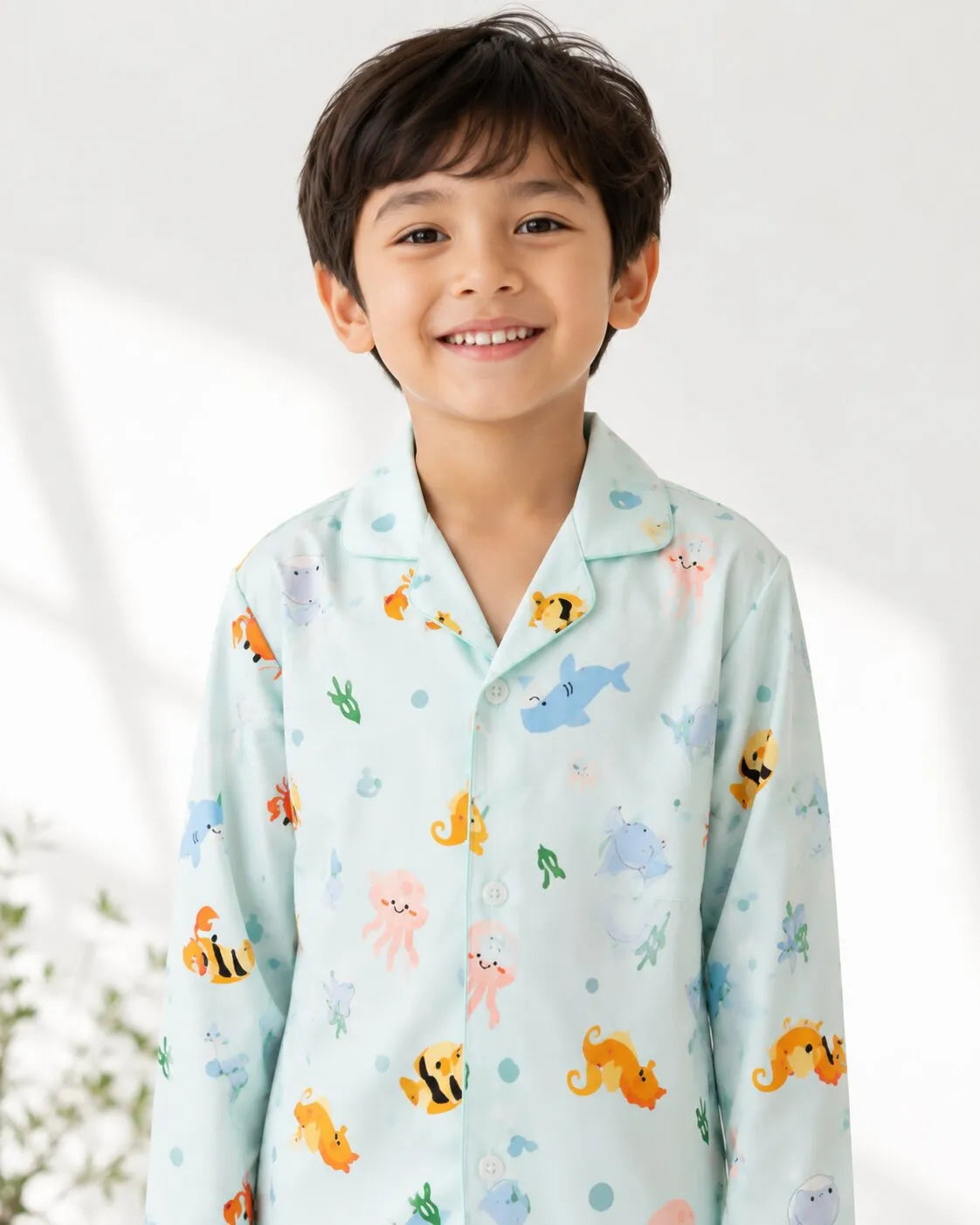 Kids Blue Sea-Life Printed Satin Long-Sleeved Night suit