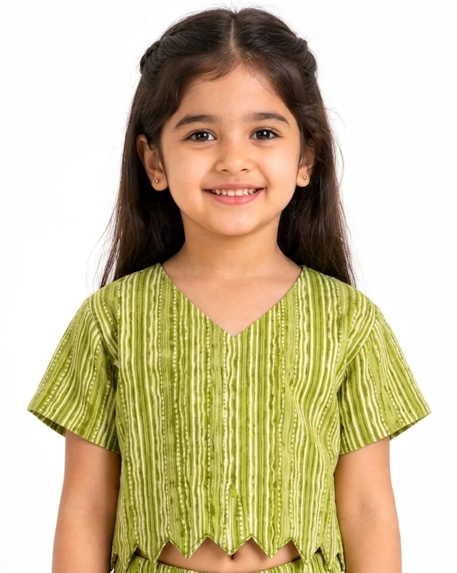 Girls Lime Green & White Pure Cotton Striped Scalloped Co-ord Set