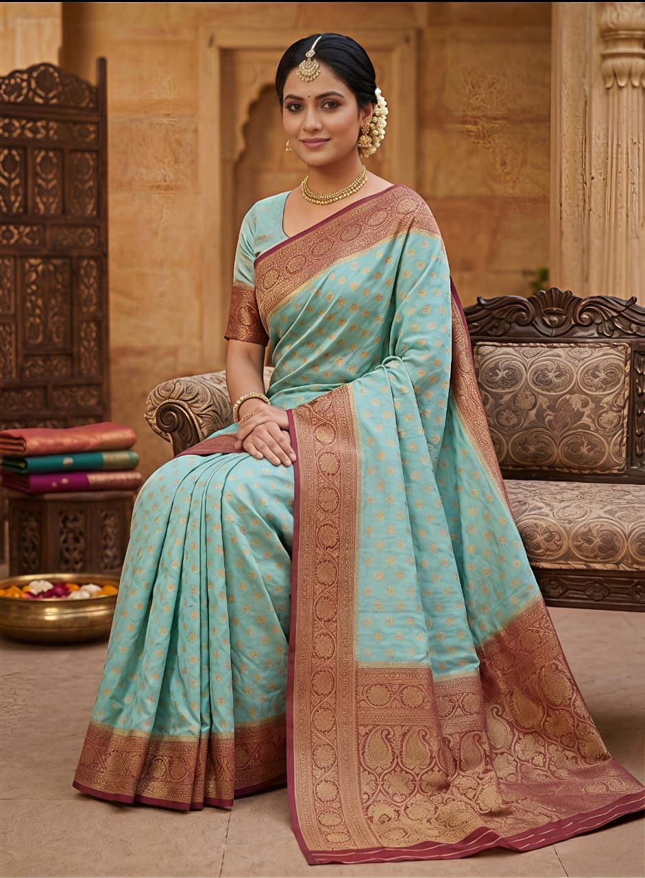 Woven Design Zari Silk Blend Banarasi Saree with Contrast Border