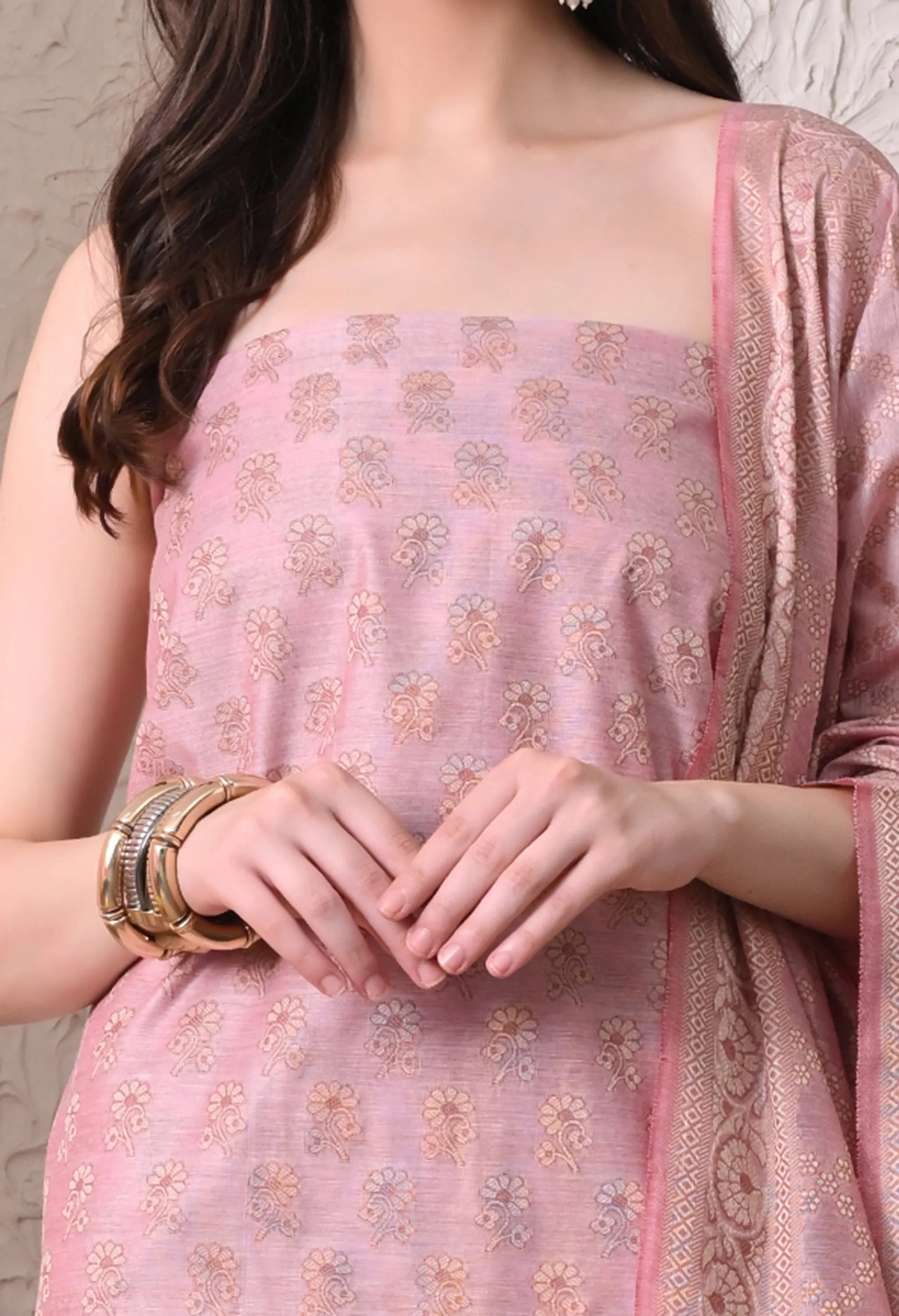 Elegant Onion Pink and Gold Woven Silk Unstitched Salwar Suit Material with Banarasi Style Dupatta