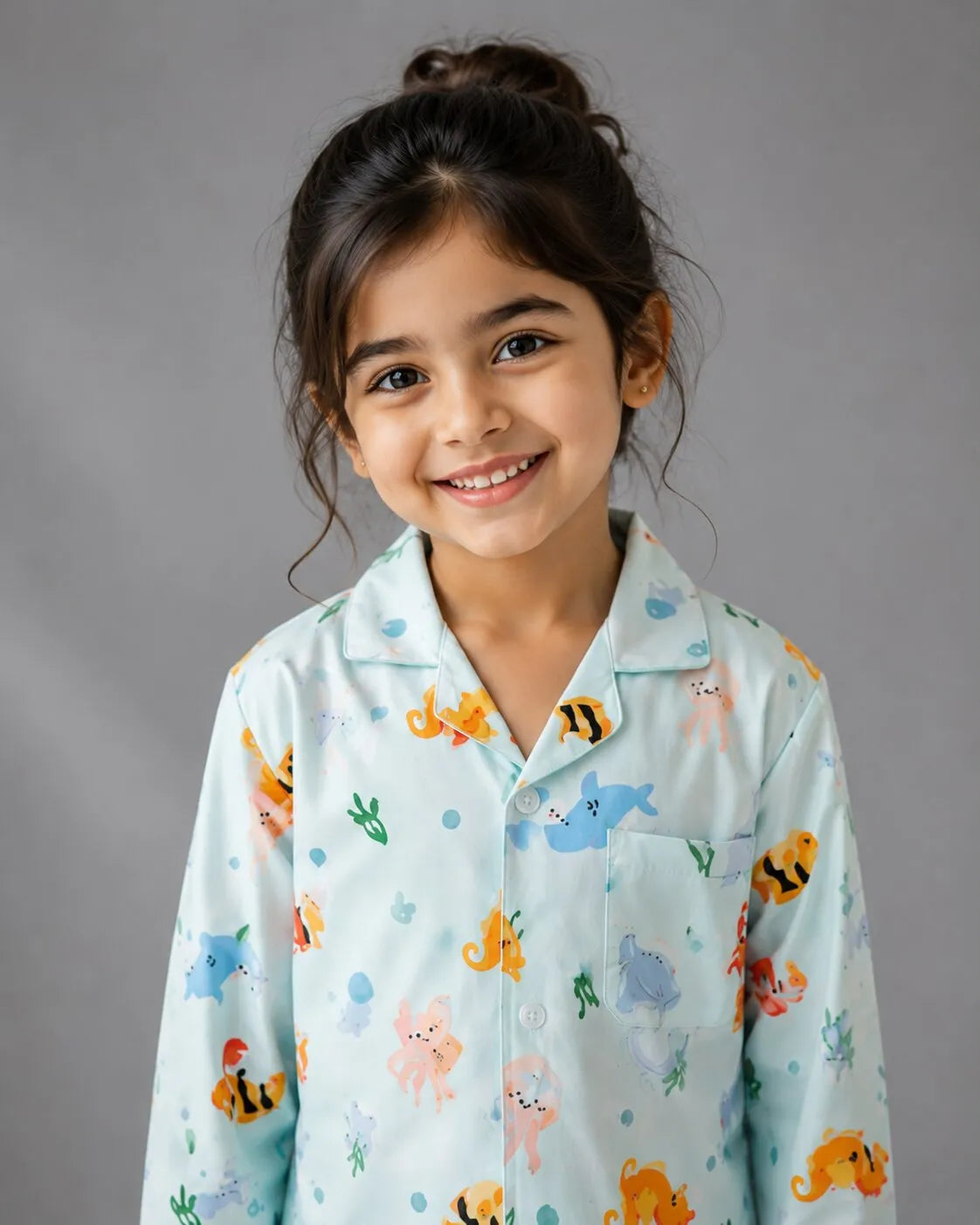 Kids Blue Sea-Life Printed Satin Long-Sleeved Nightsuit