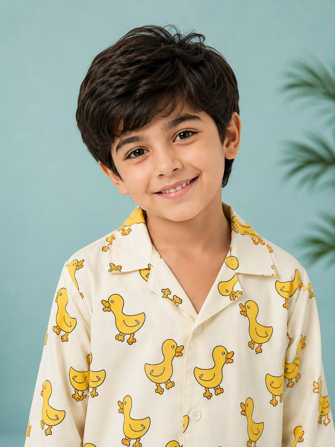 Boys Off-White & Yellow Satin Duck Printed Nightsuit