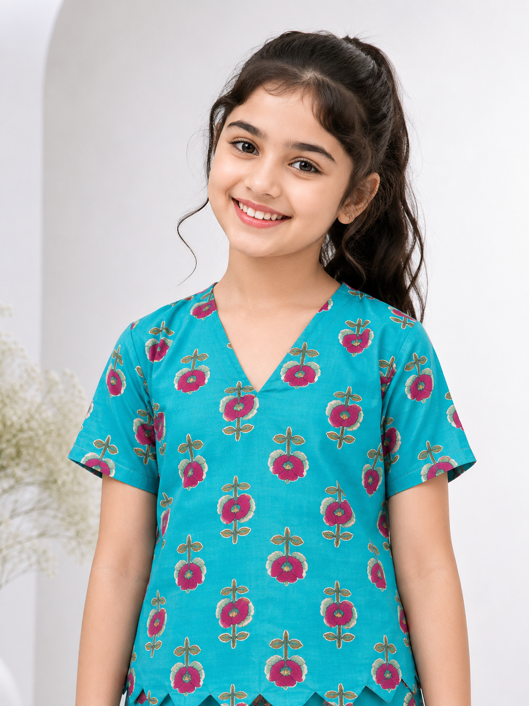 Girls Turquoise Blue Floral Printed Scallop-Hem Top & Wide-Leg Co-Ord Set