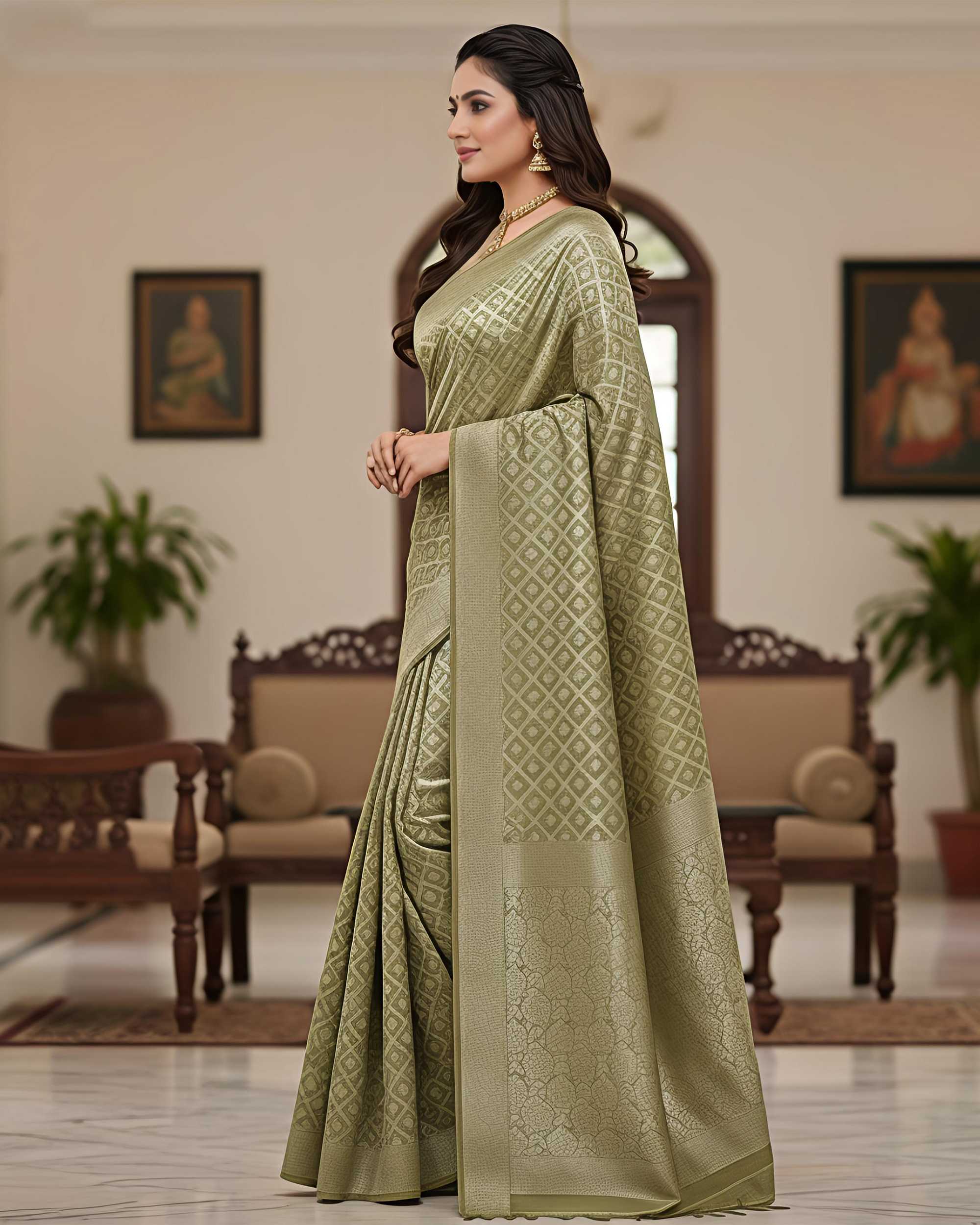 Women Olive Green & Gold-Toned Silk Blend Woven Design Banarasi Saree