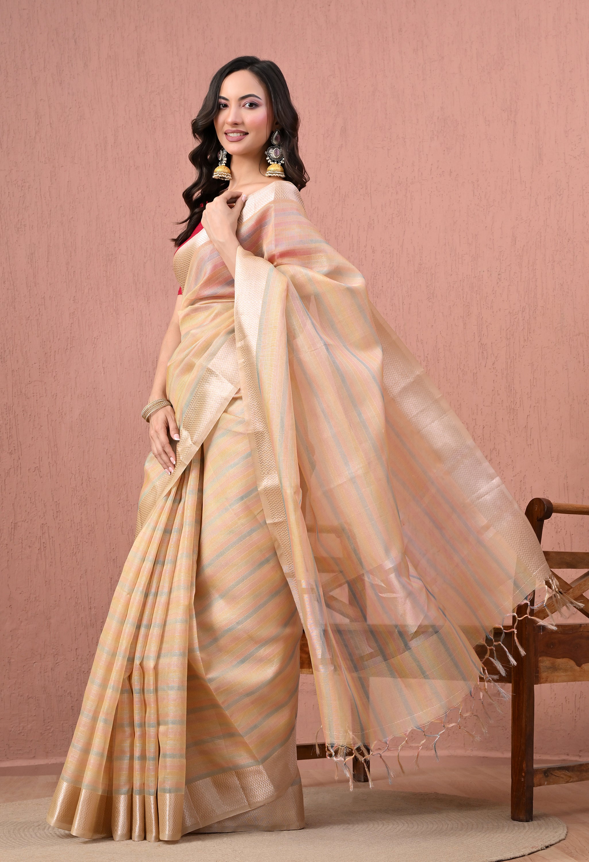 Elegant Pastel Beige  Striped Pure Cotton Saree with Zari Border