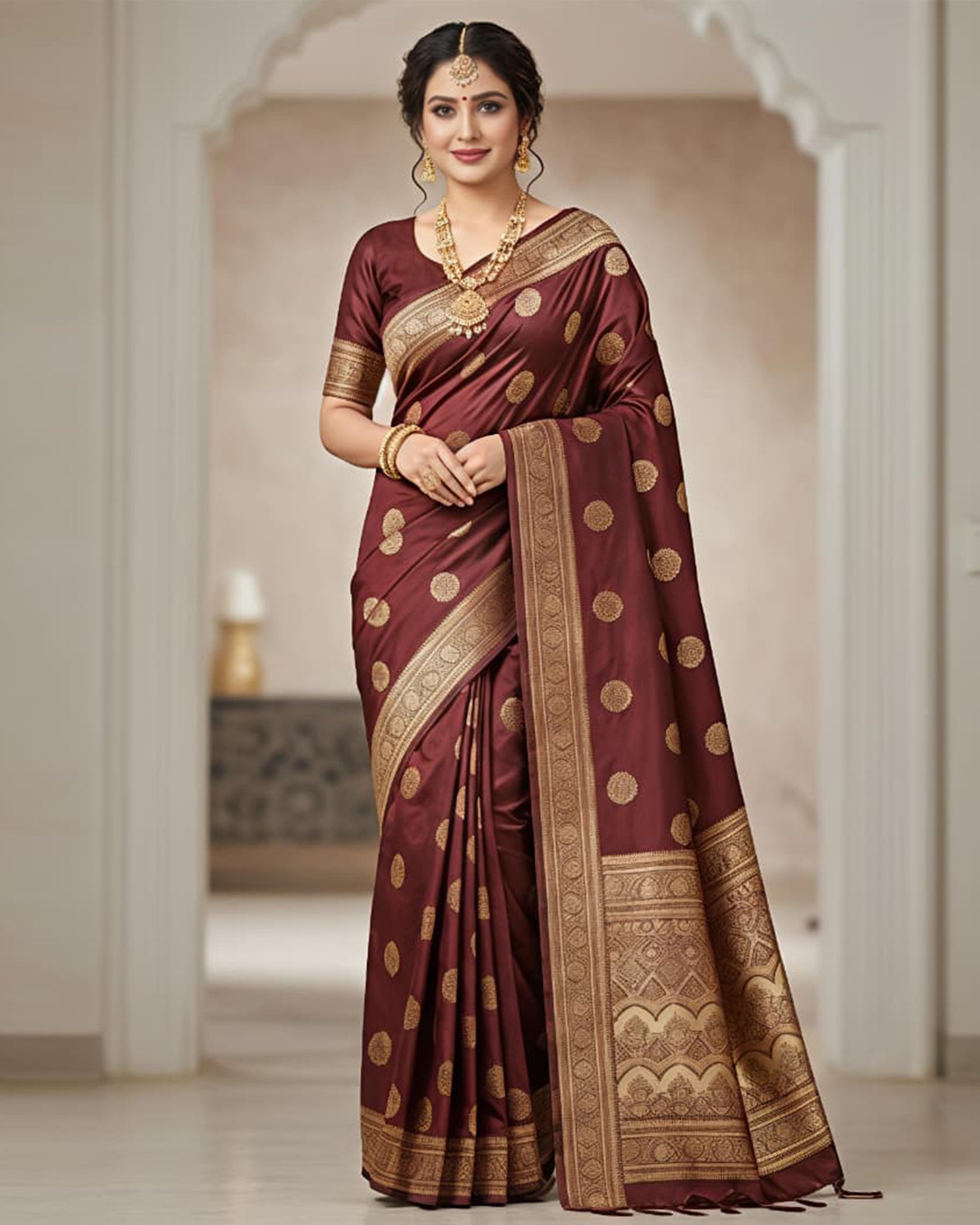 Maroon & Gold-Toned Art Silk Kanjeevaram Style Saree with Blouse Piece