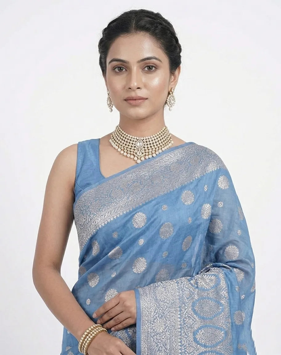 Blue & Silver Woven Design Banarasi Silk Saree