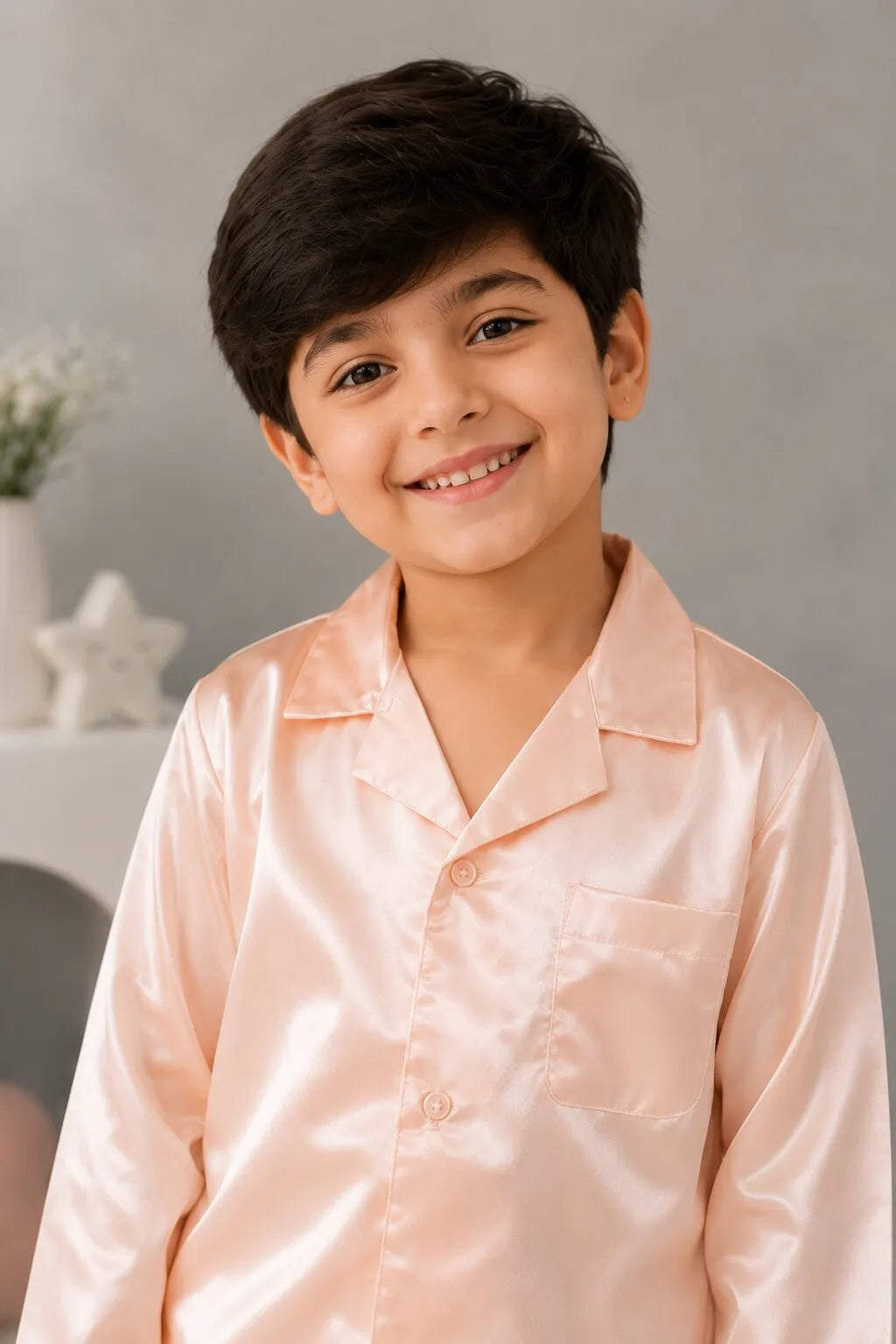 Kids' Peach Solid Satin Night Suit