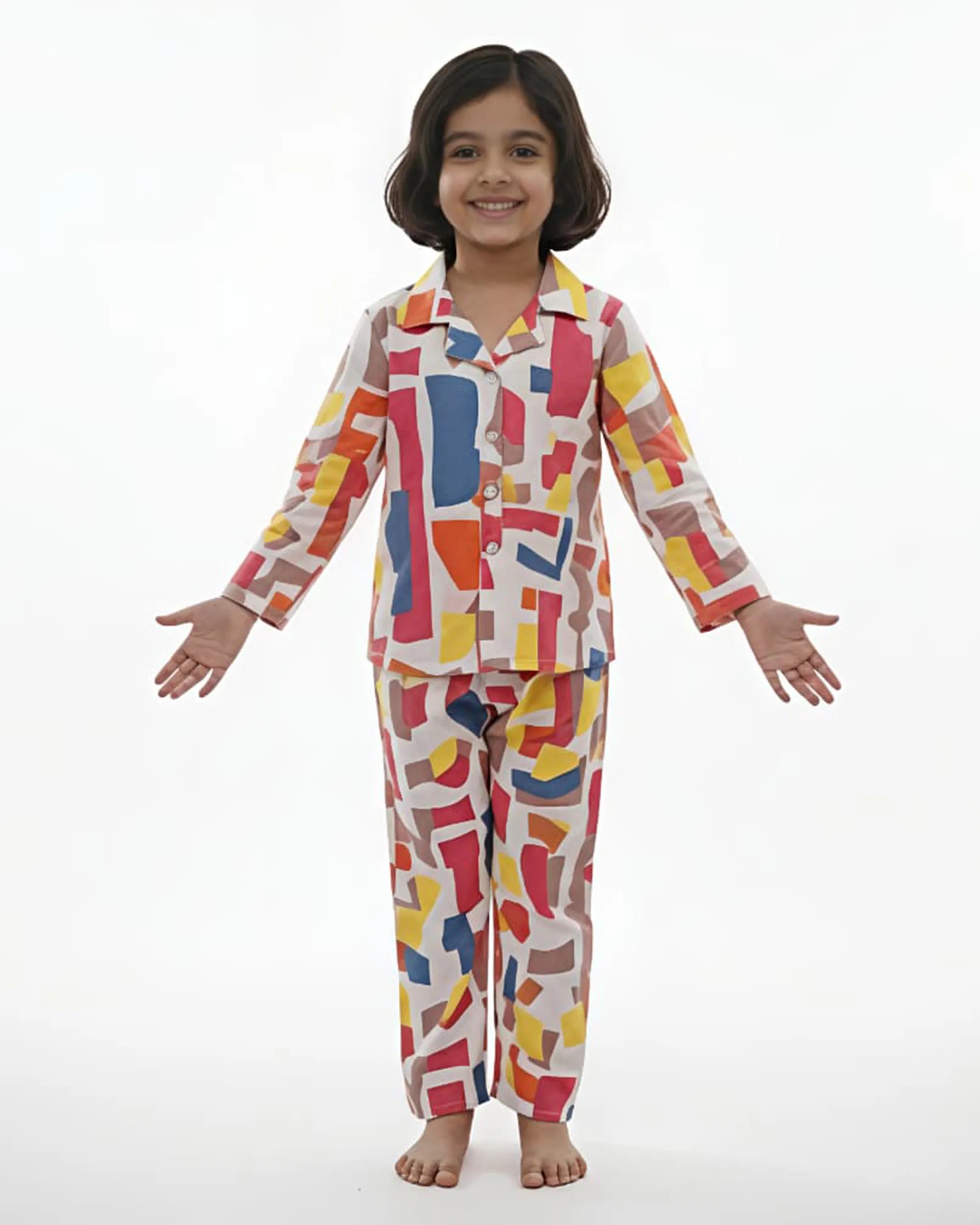 Girls Multi-Colored Abstract Geometric Print Pure Cotton Night Suit
