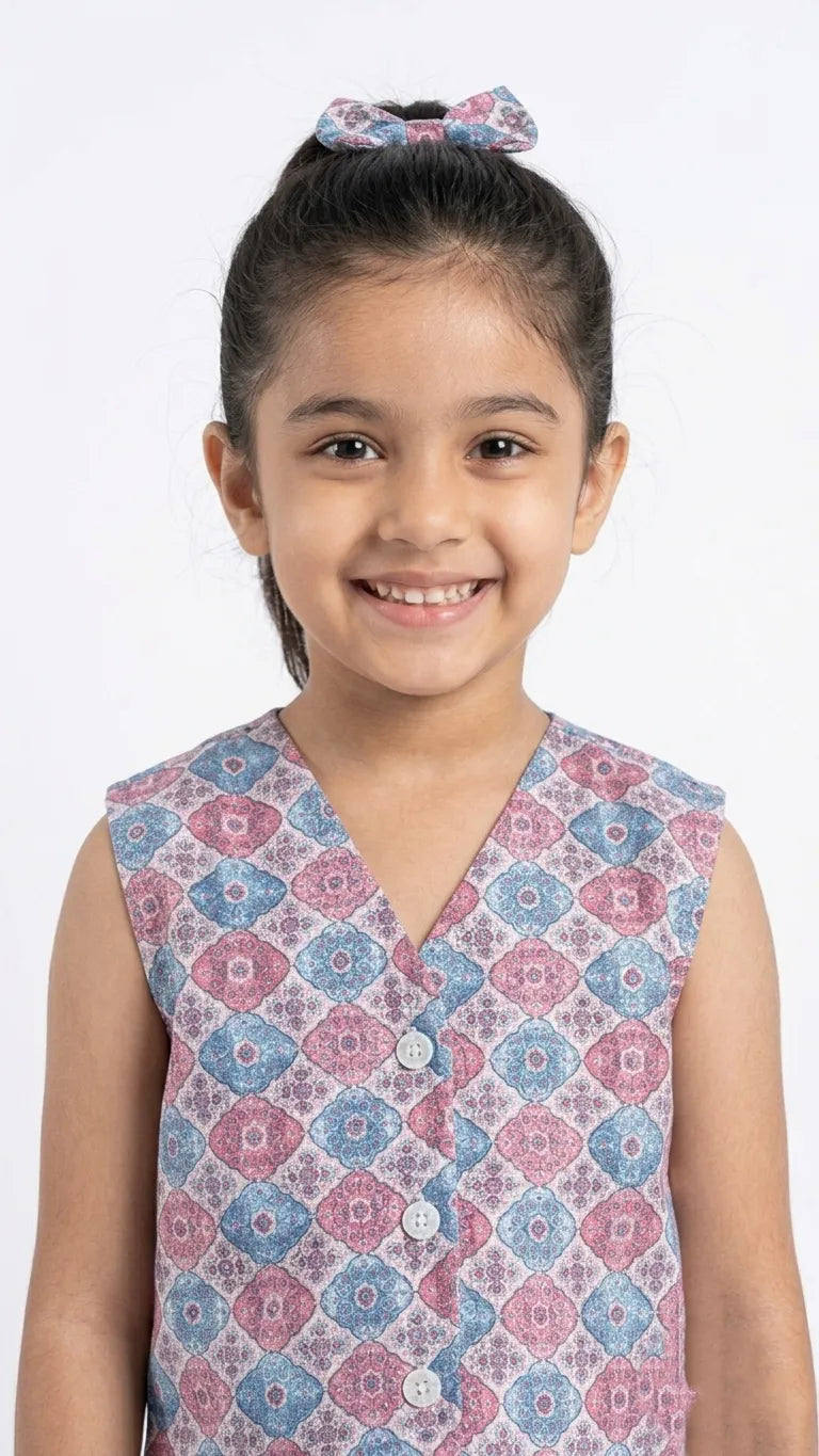Girls' Geometric Printed V-Neck Waistcoat with Palazzo Set