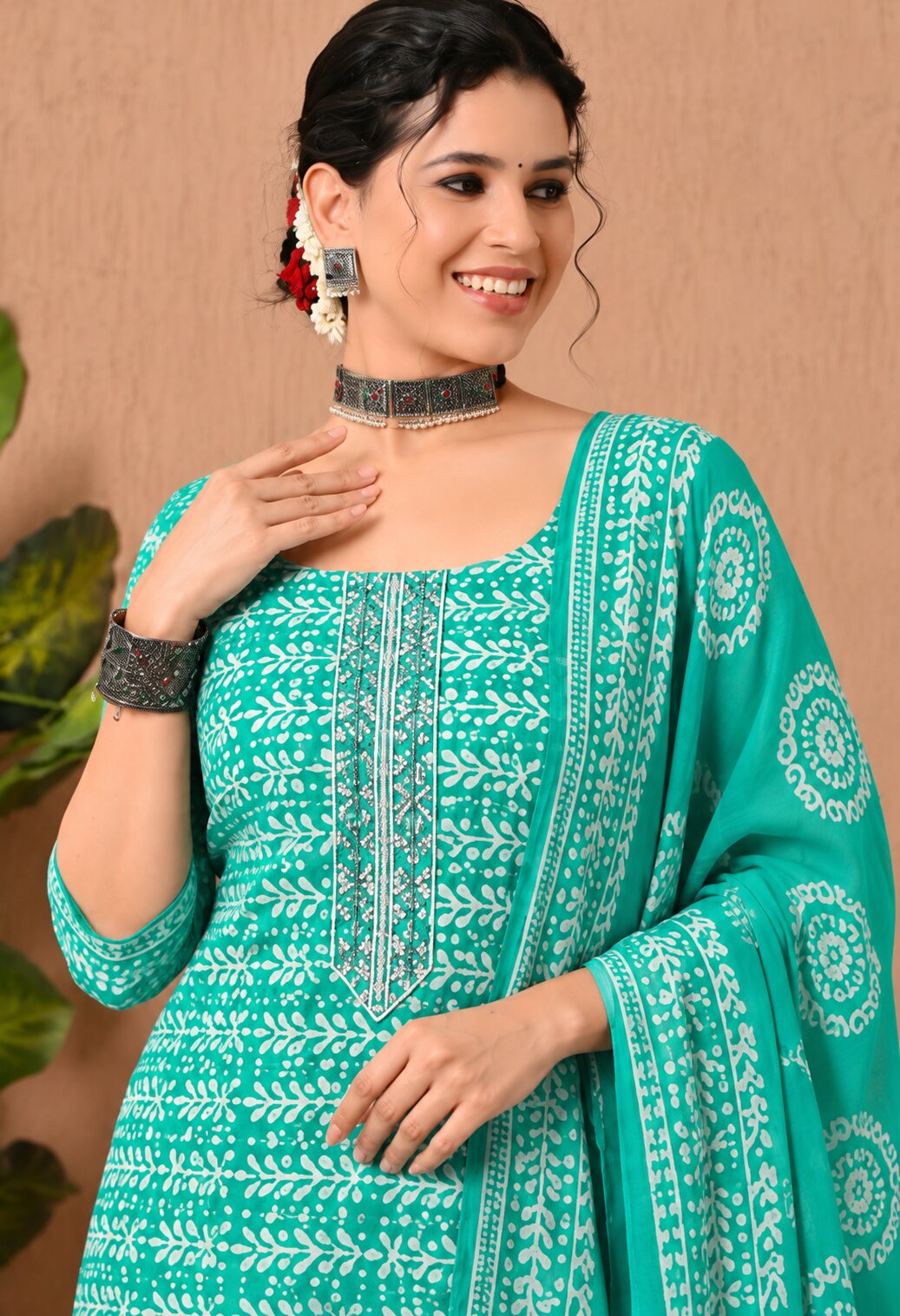 Turquoise Green Cotton Printed Suit Set with Matching Cotton Dupatta