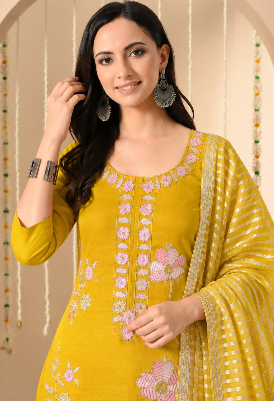 Mustard Yellow Chanderi Silk Suit Set with Floral Embroidery and Striped Dupatta