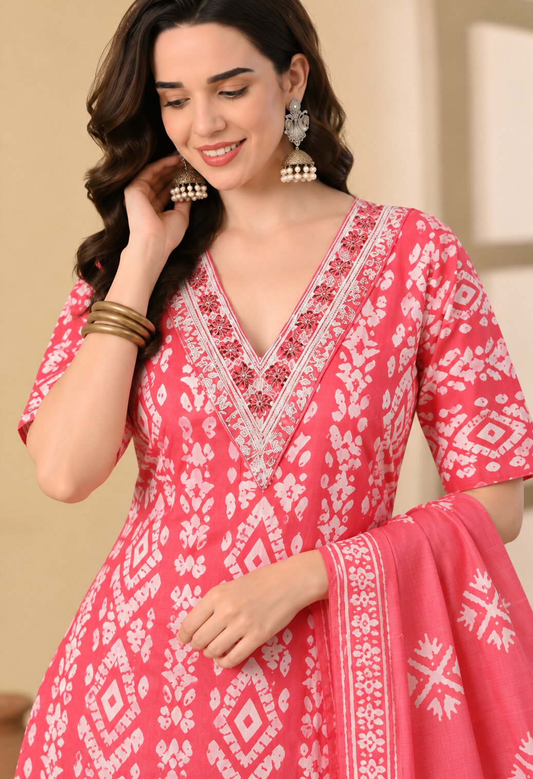 Red Cotton Printed Suit Set with Matching Cotton Dupatta