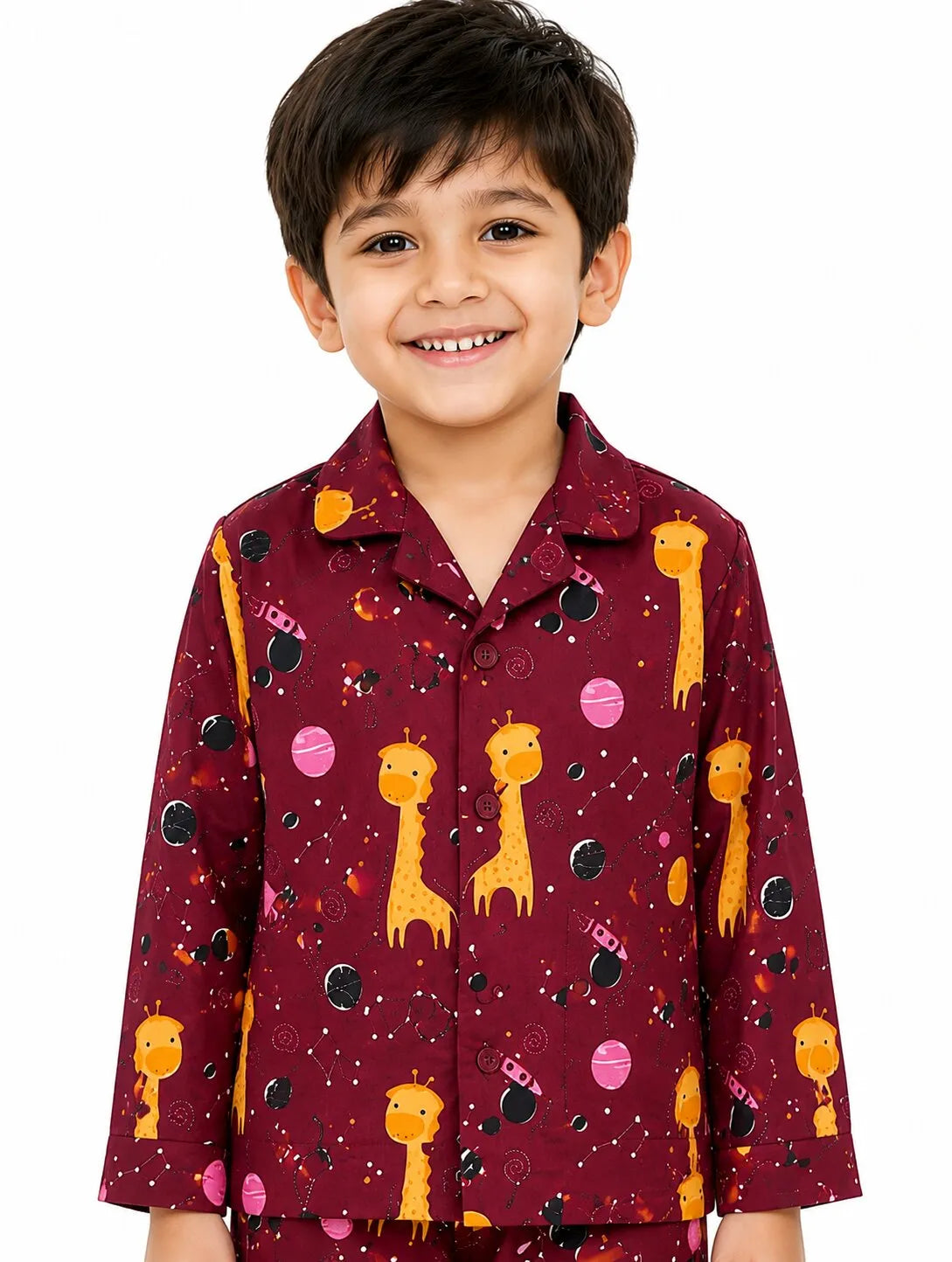 Kids Boys Maroon & Yellow Printed Pure Cotton Night Suit