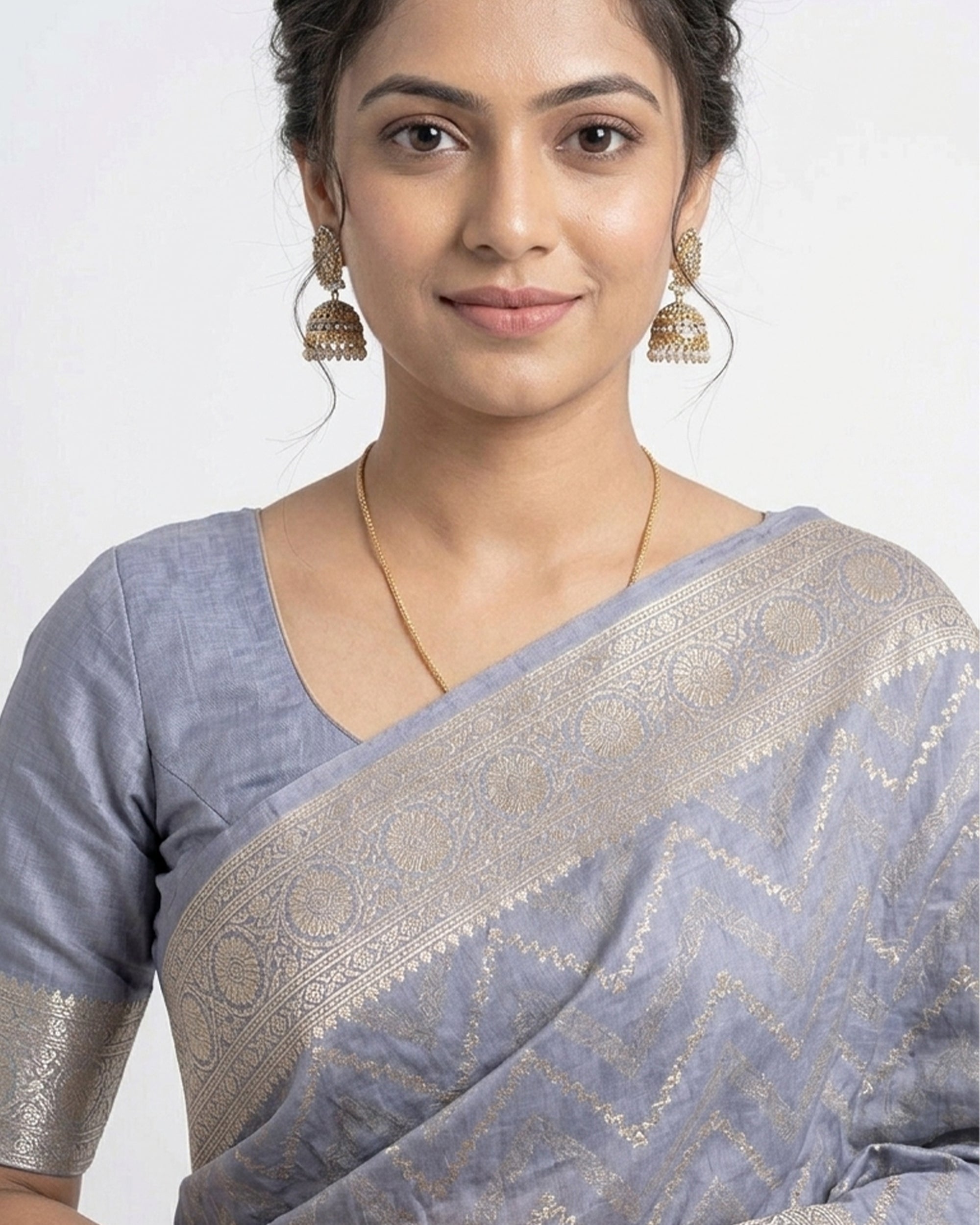 Steel Blue & Silver-Toned Silk Blend Zari Woven Banarasi Saree