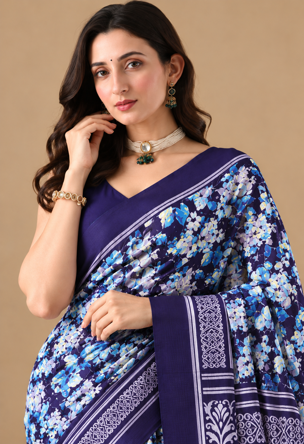 Navy Blue Floral Printed Georgette Saree