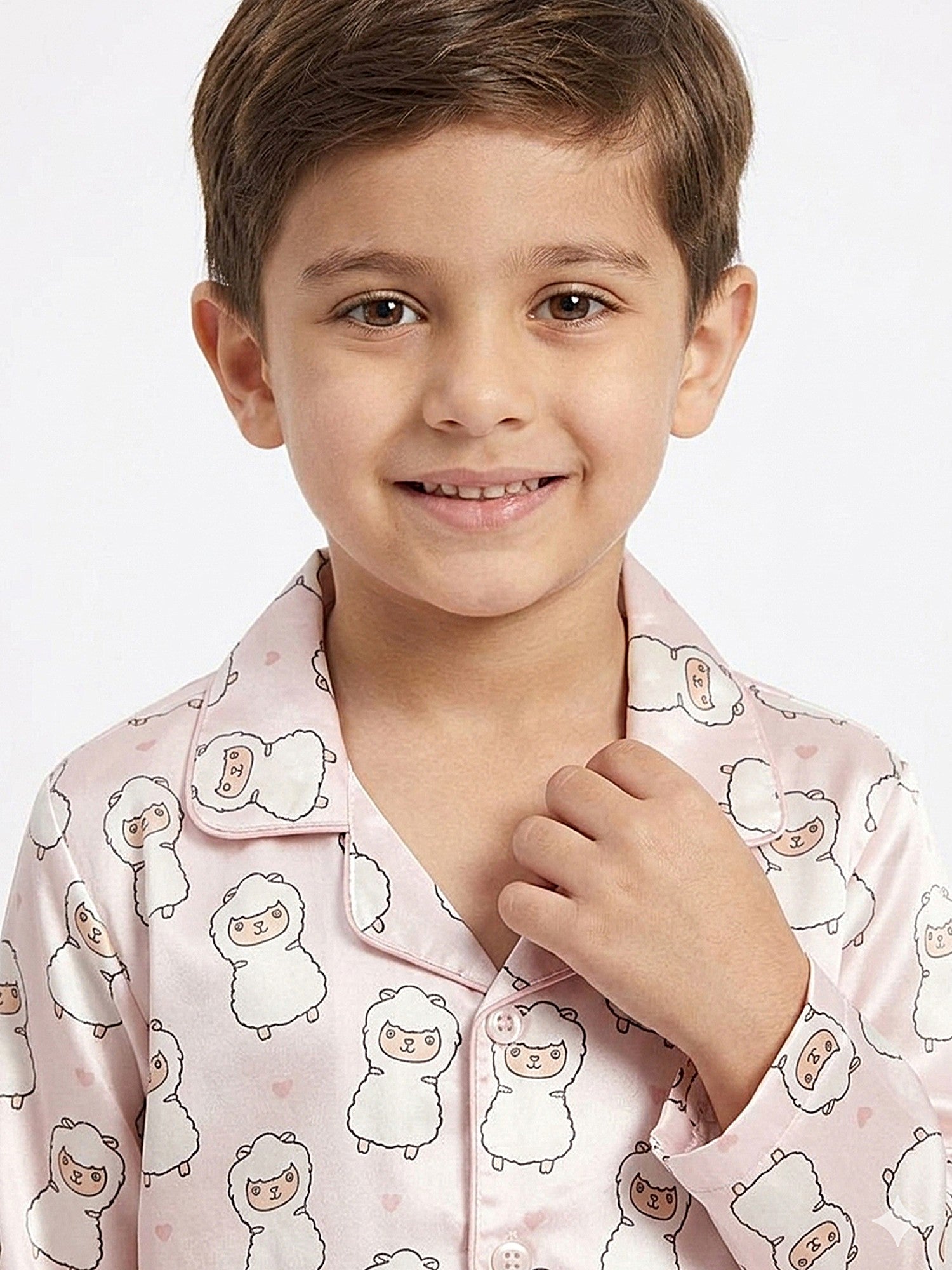 Boys Pink & White Cartoon Print Satin Night Suit Set