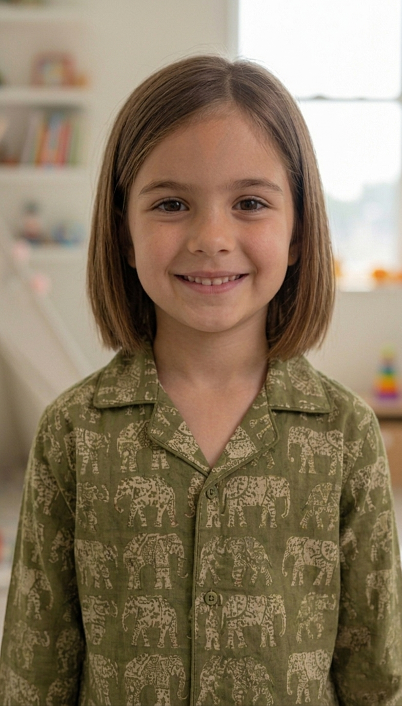 Kids Olive Green & Beige Elephant Print Cotton Lounge Set