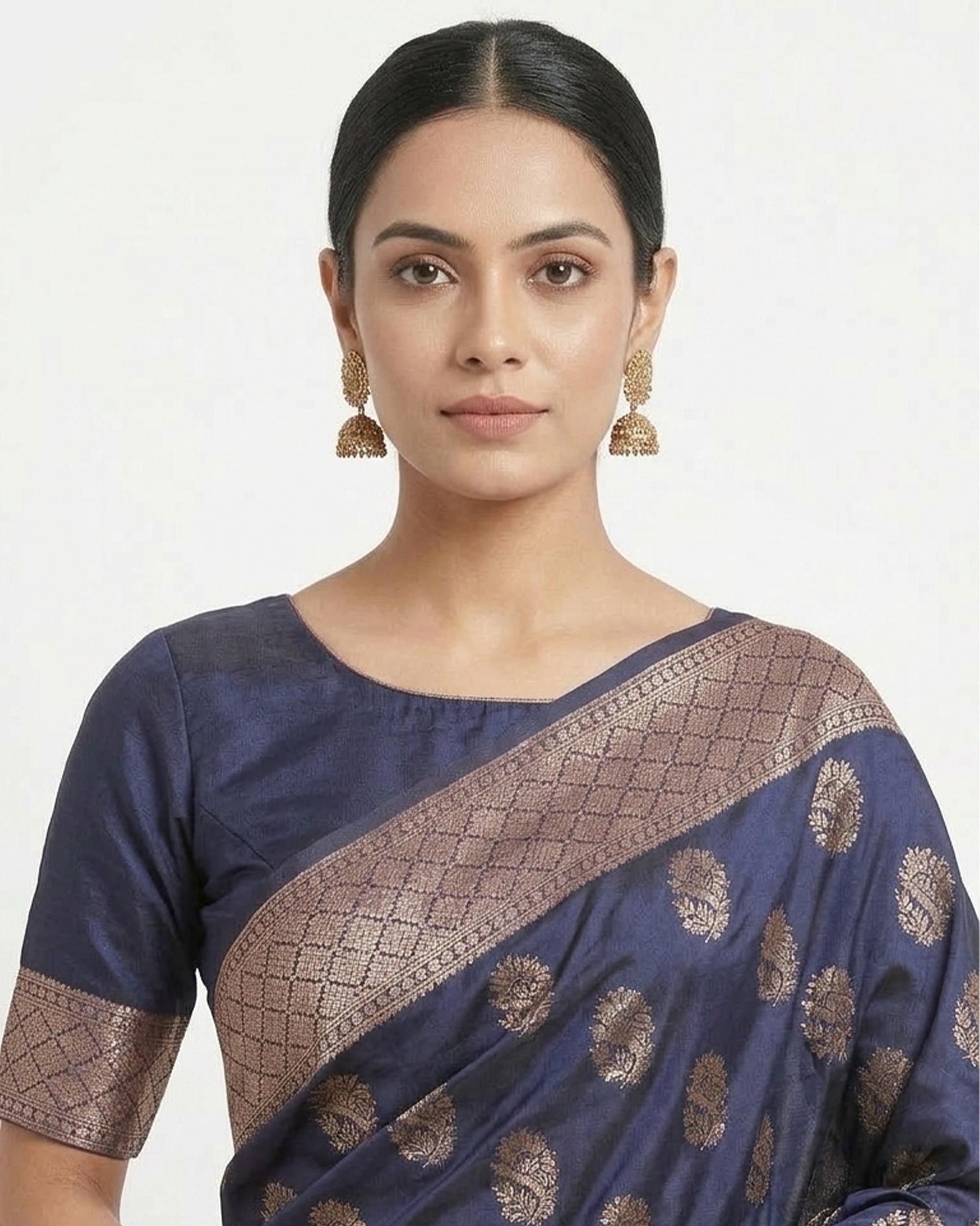 Navy Blue & Gold-Toned Floral Woven Design Zari Silk Saree