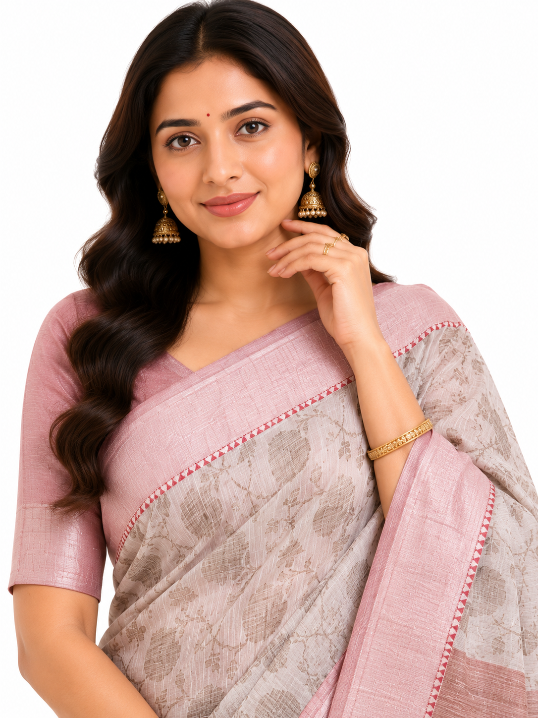 Off-White & Dusty Rose Floral Printed Art Silk Saree with Zari Border