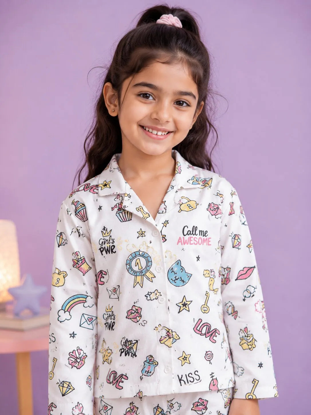 Girl Pearl White & Multicolor Graphic Printed Satin Nightwear Set
