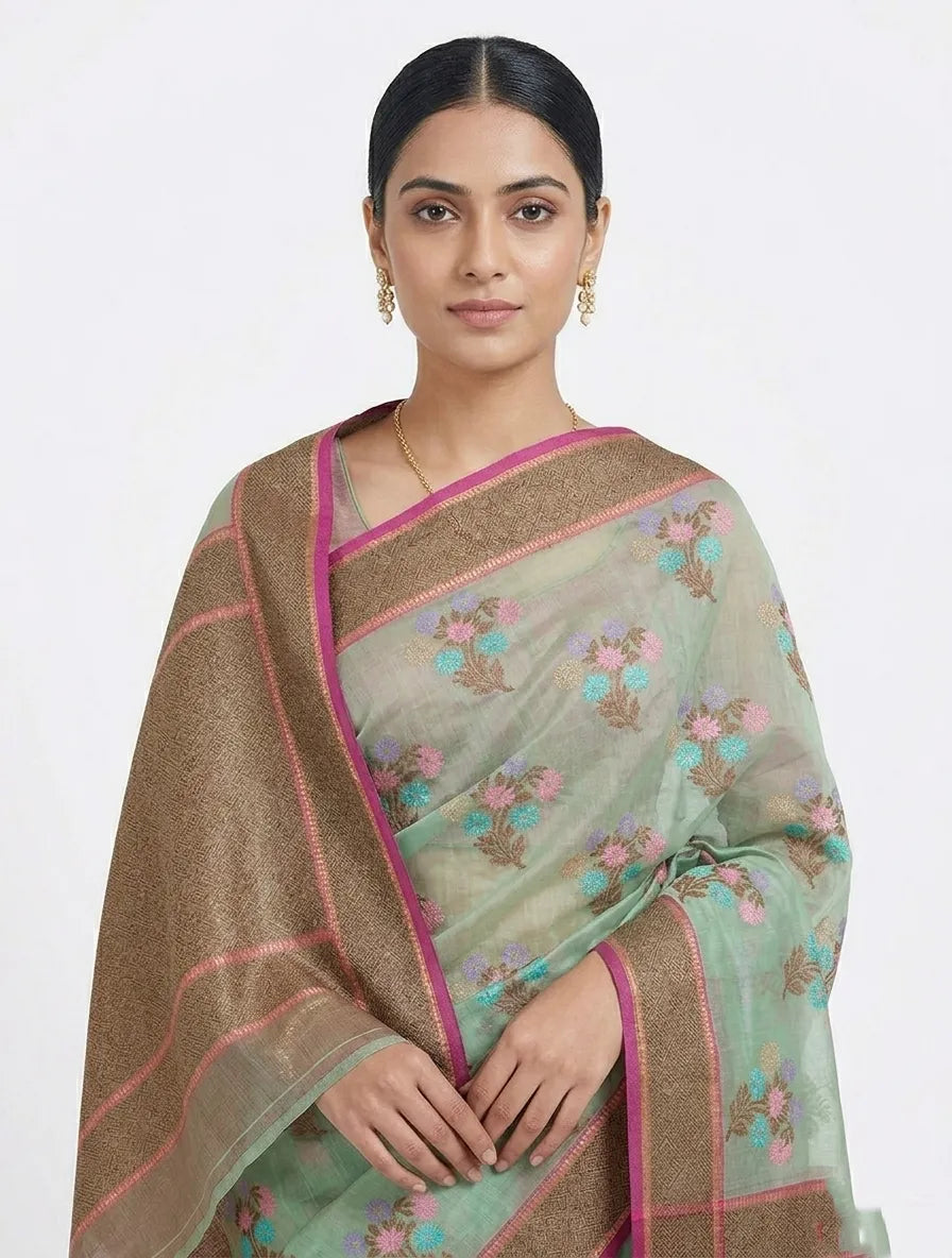 Sea Green Floral Printed Chanderi Silk Saree with Zari Border