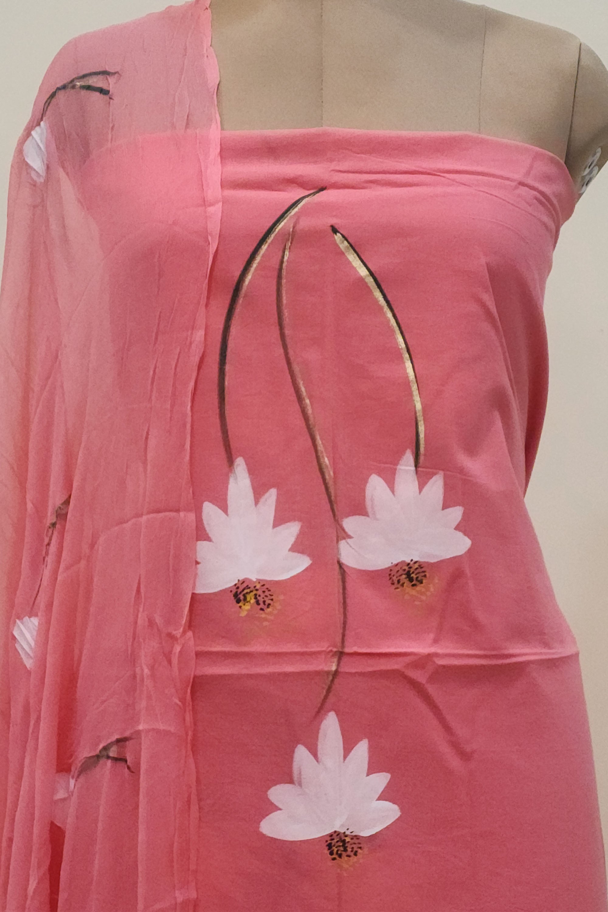 Women Peach-Pink Hand-Painted Pure Cotton Unstitched Dress Material with Chiffon Dupatta