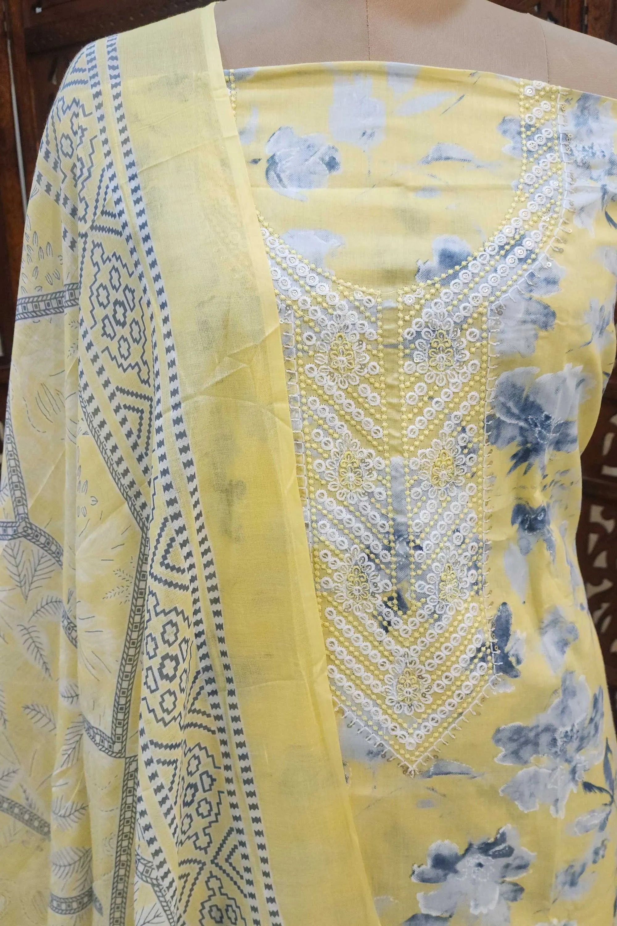Floral Harmony Printed Cotton Blend Unstitched Dress Material with Embroidered Dupatta