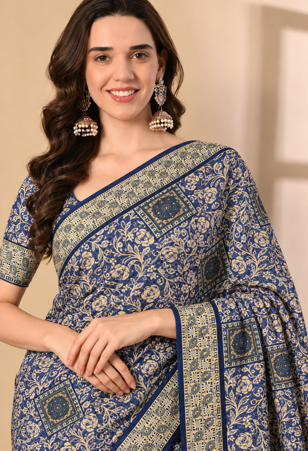 Elegant Navy Blue Chiffon Saree with Intricate Floral Print