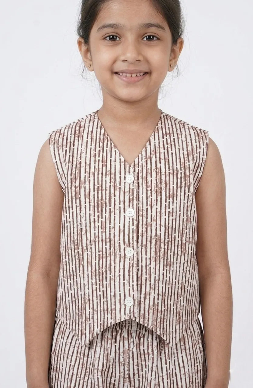 Girls Brown & White Striped Pure Cotton Waistcoat Style Co-ord Set