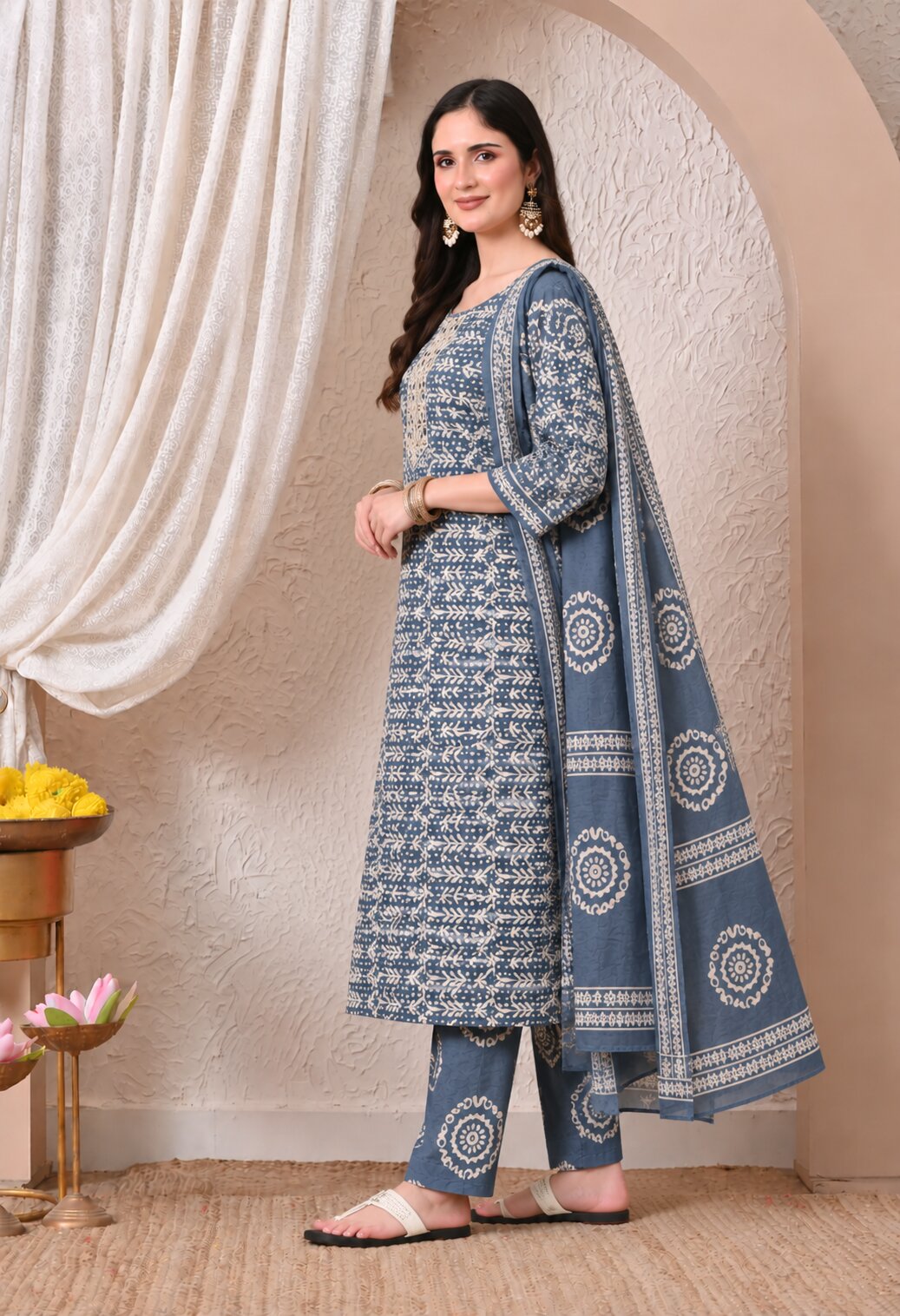 Blue Printed Cotton Suit Set with Matching Cotton Dupatta