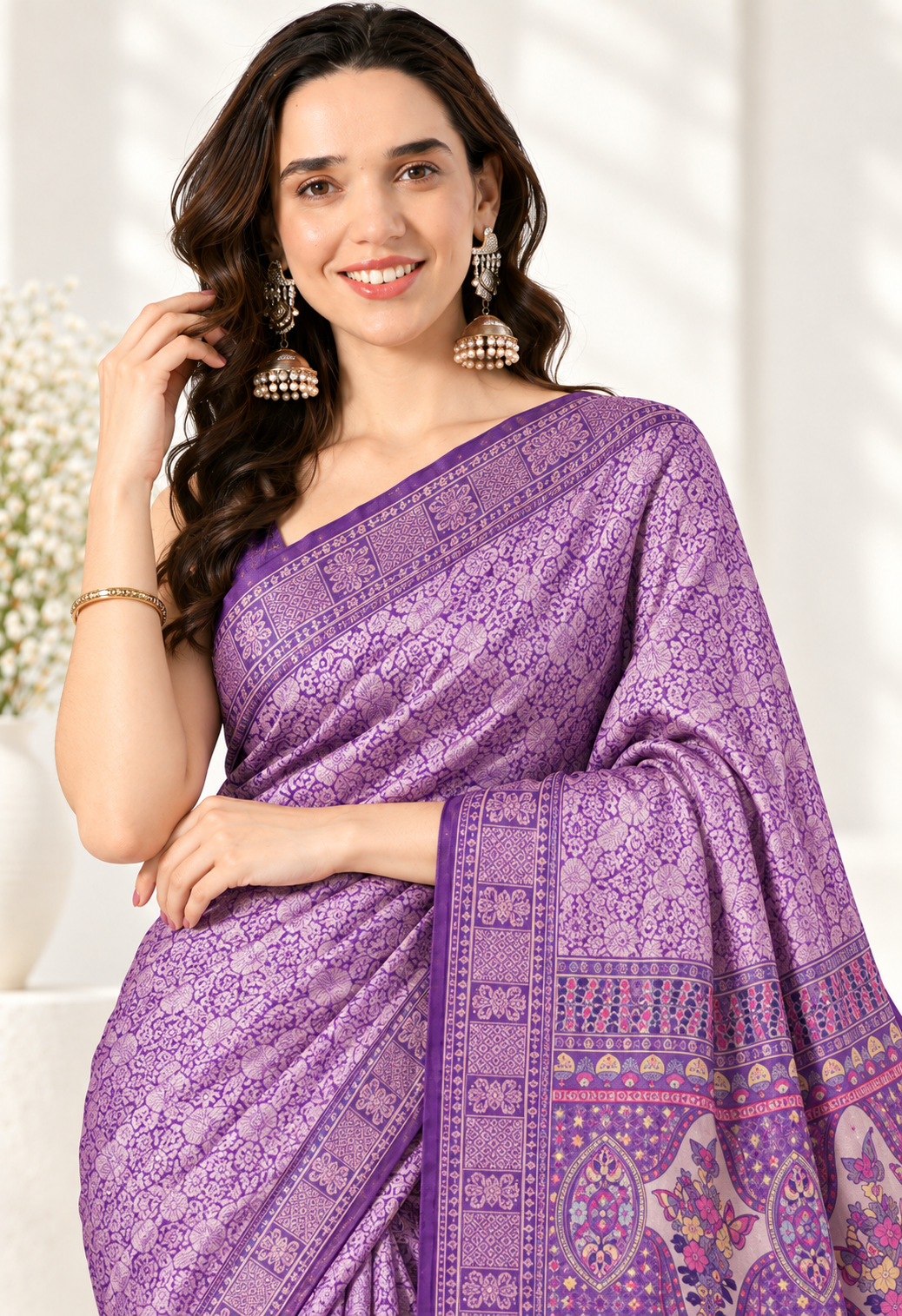Elegant Purple Silk Blend Saree with Traditional Printed Pallu