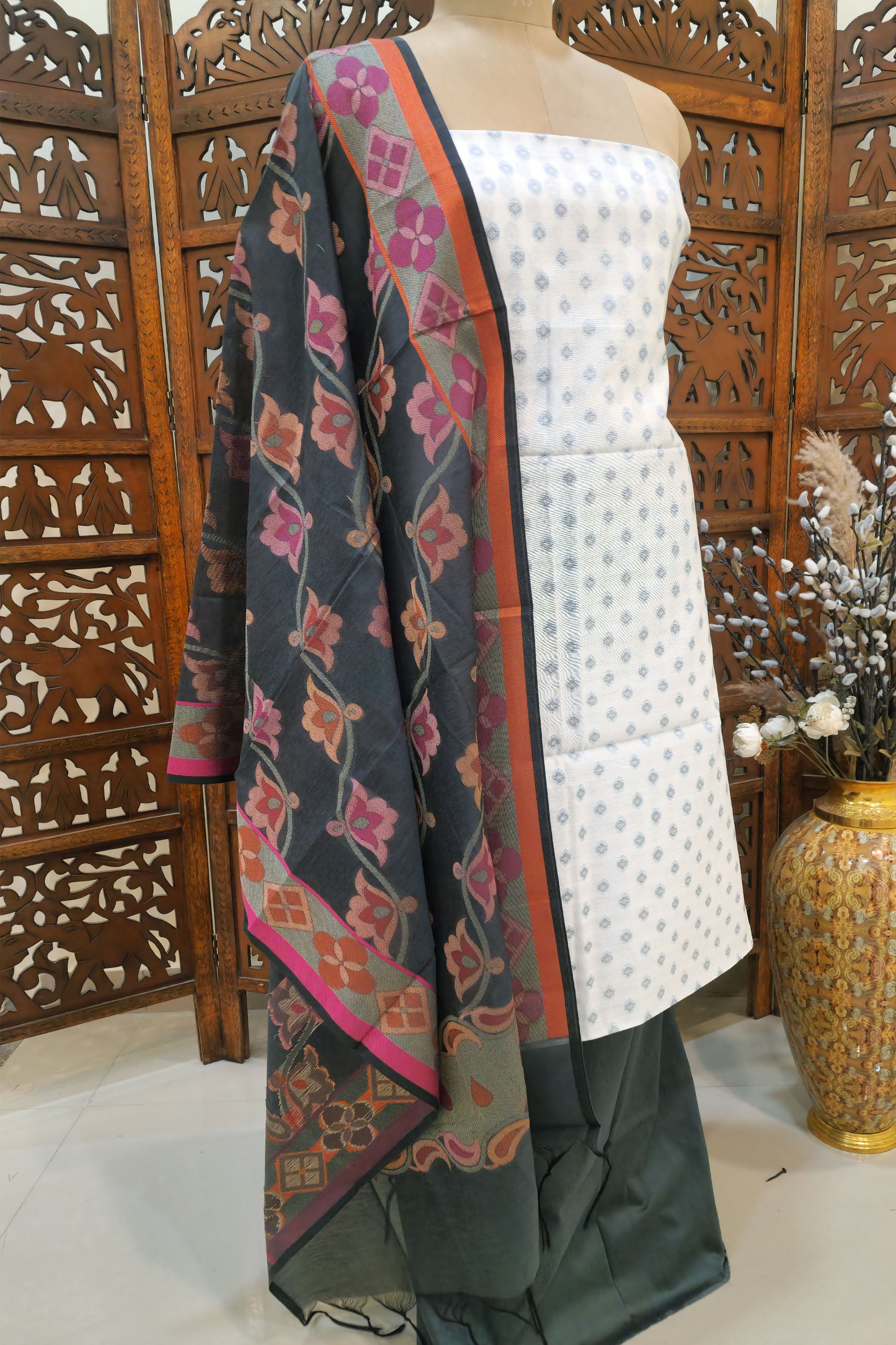 Women Off-White & Charcoal Grey Silk Blend Unstitched Dress Material with Floral Woven Dupatta