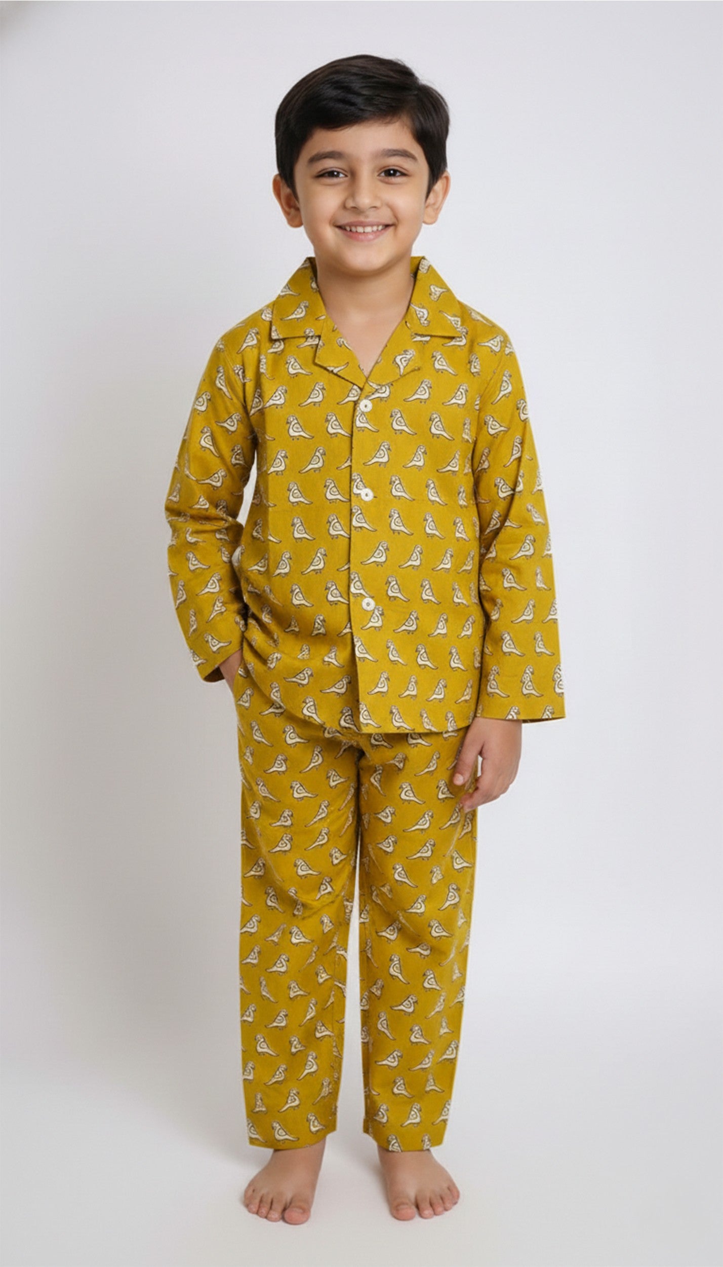 Boys Mustard Yellow & White Bird Print Pure Cotton Night Suit