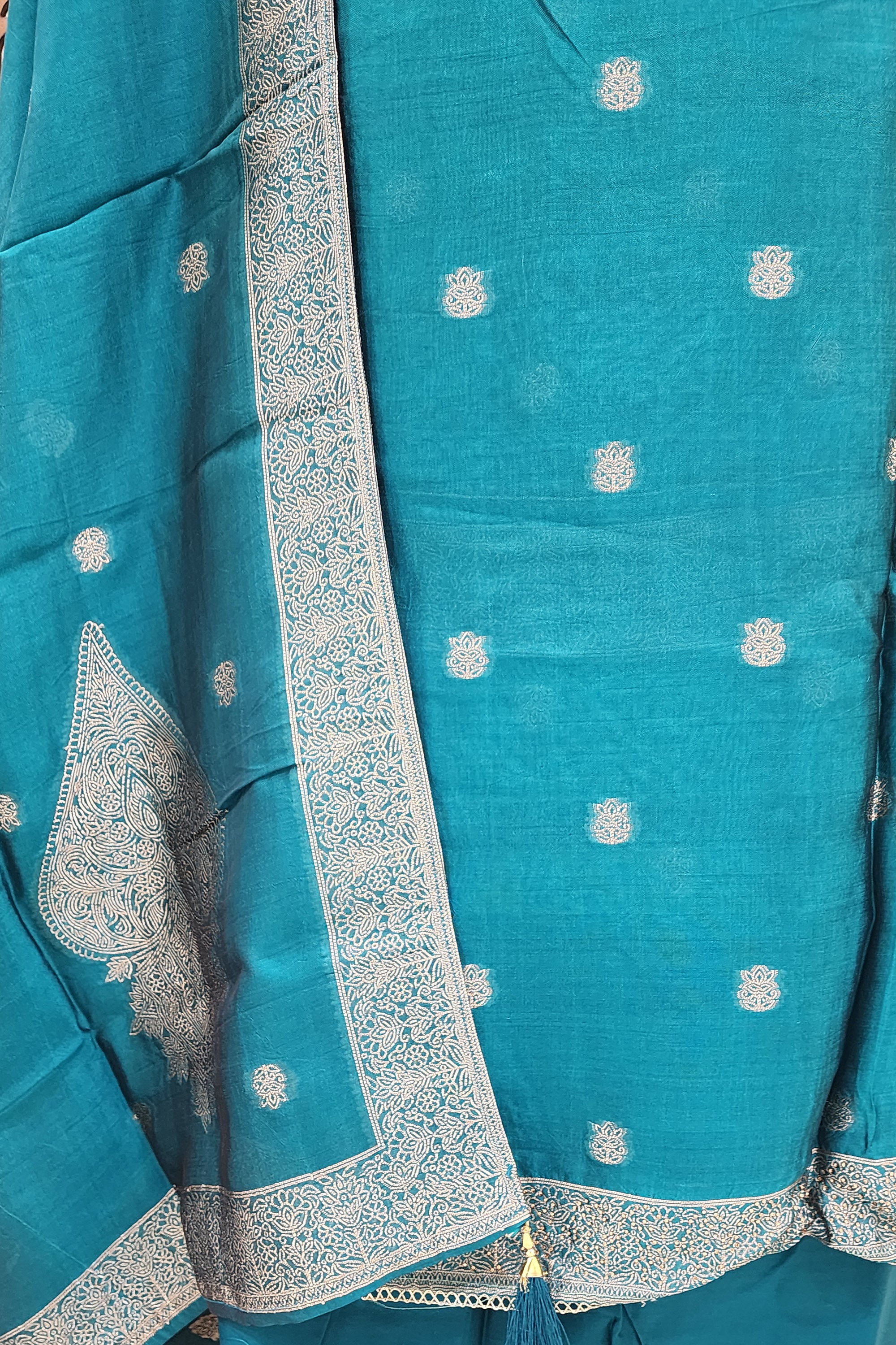 Women Teal Blue & Gold-Toned Zari Woven Siolk Blend Unstitched Dress Material