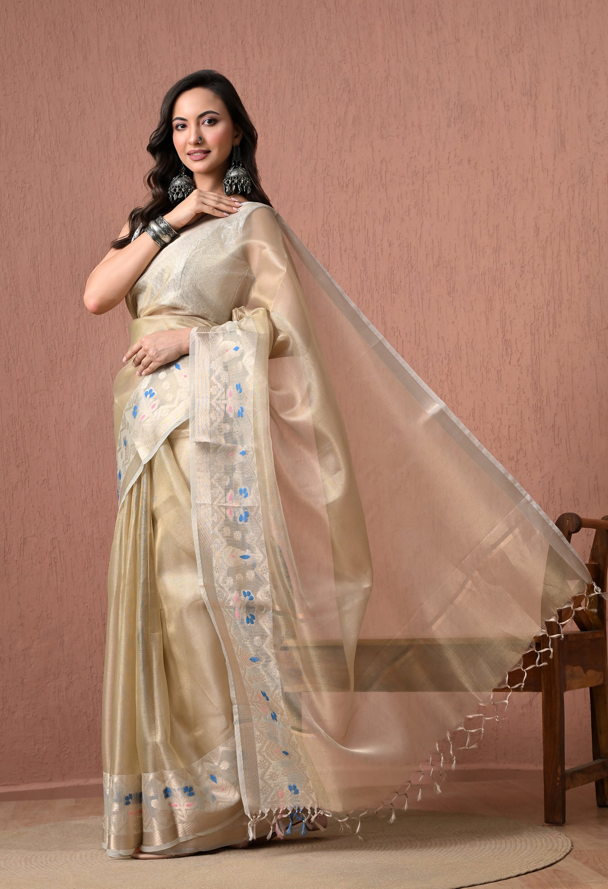 Pure Cotton Saree in Light Golden-Cream with Resham and Silver Zari Jamdani Artistry