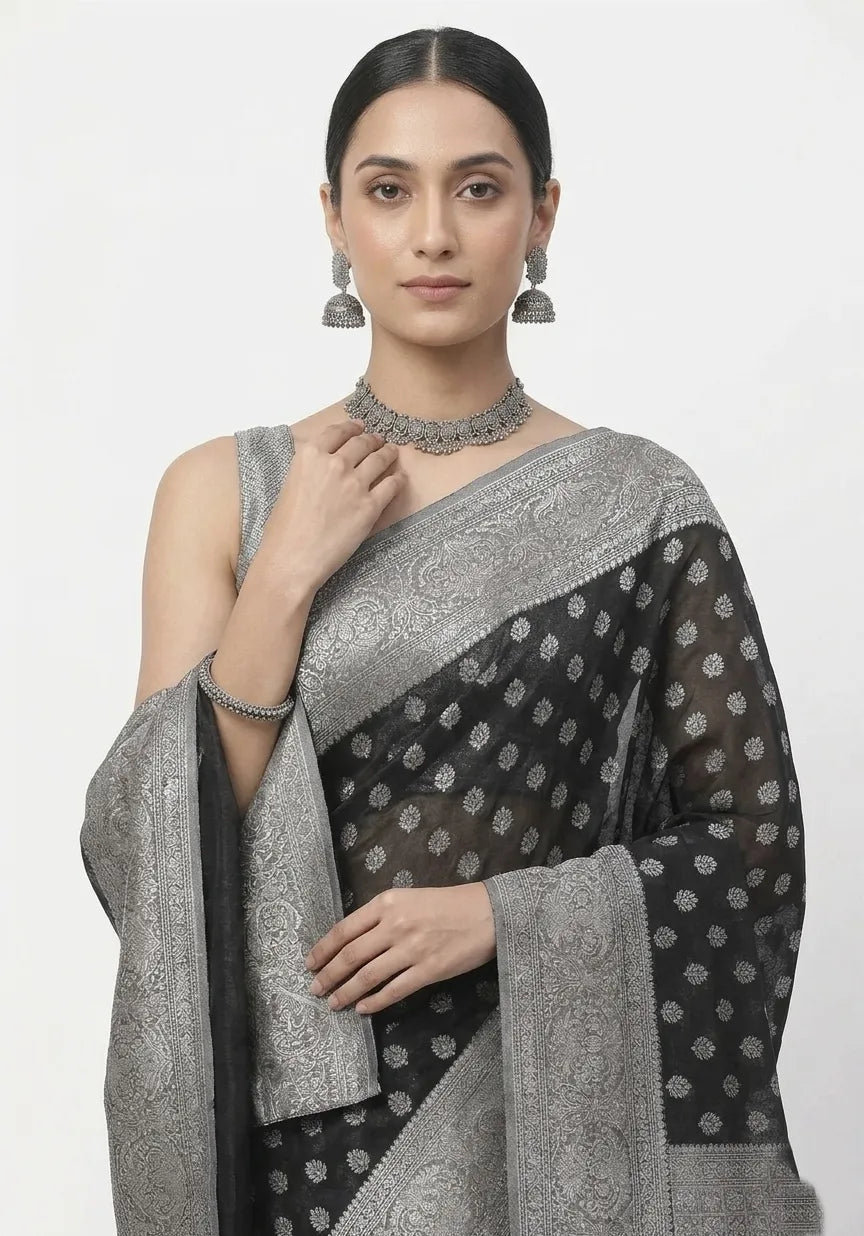 Black & Silver-Toned Woven Design Banarasi Saree with Unstitched Blouse Piece