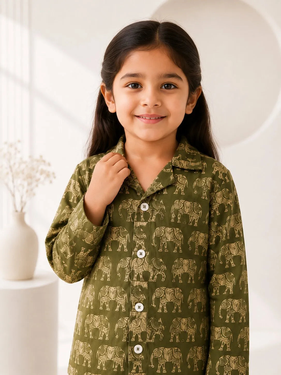 Kids Olive Green & Beige Elephant Print Cotton Lounge Set