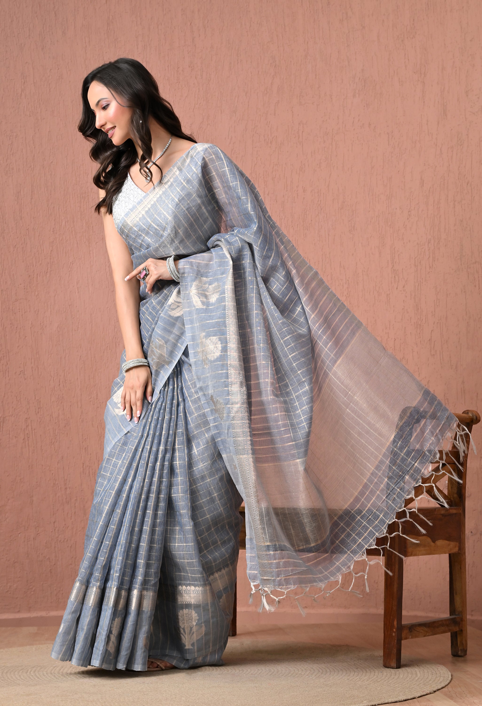 Elegant Steel Grey Cotton Checked Saree with Silver Zari Details