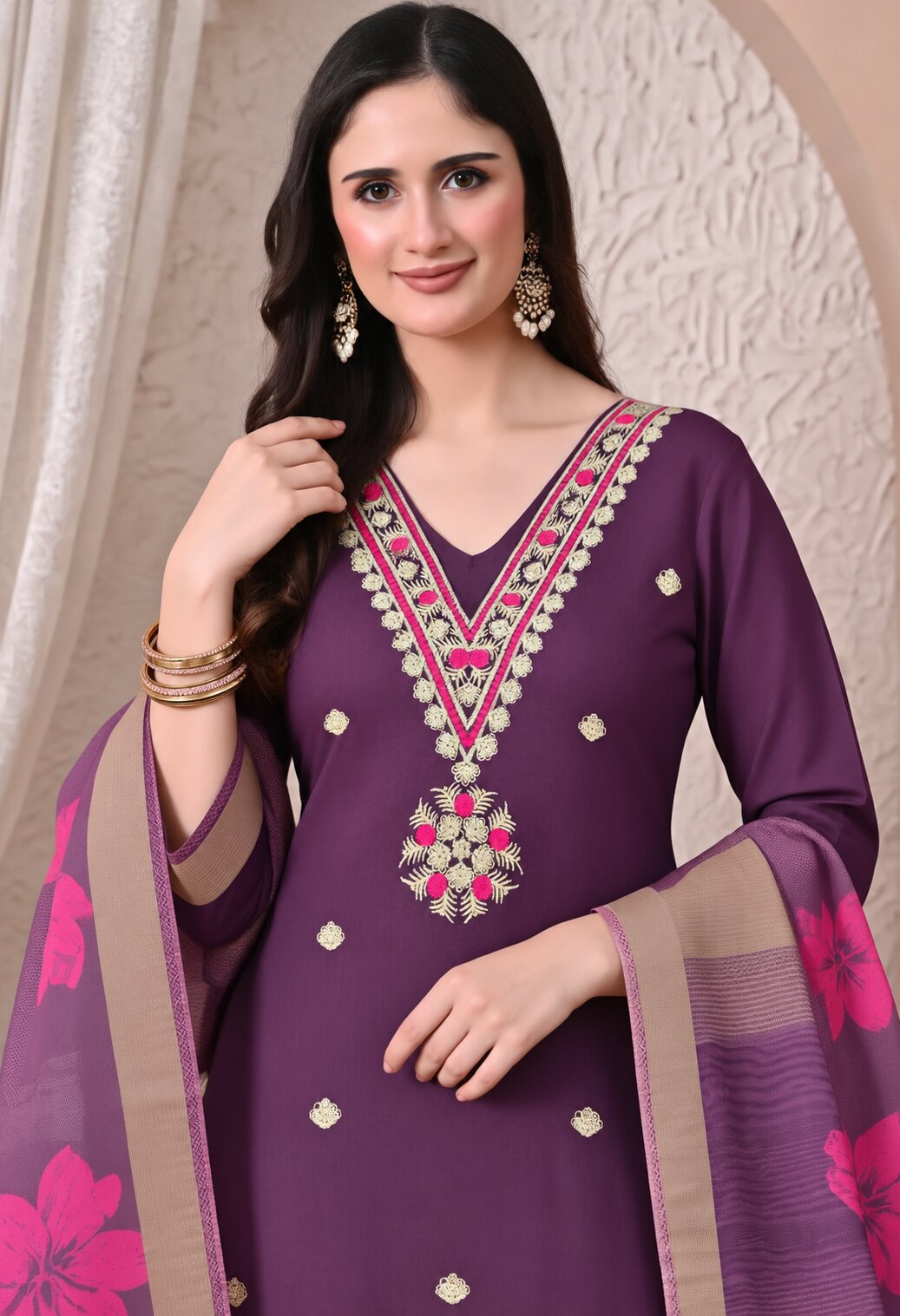 Purple Chanderi Silk Embroidered Suit Set with Organza Dupatta