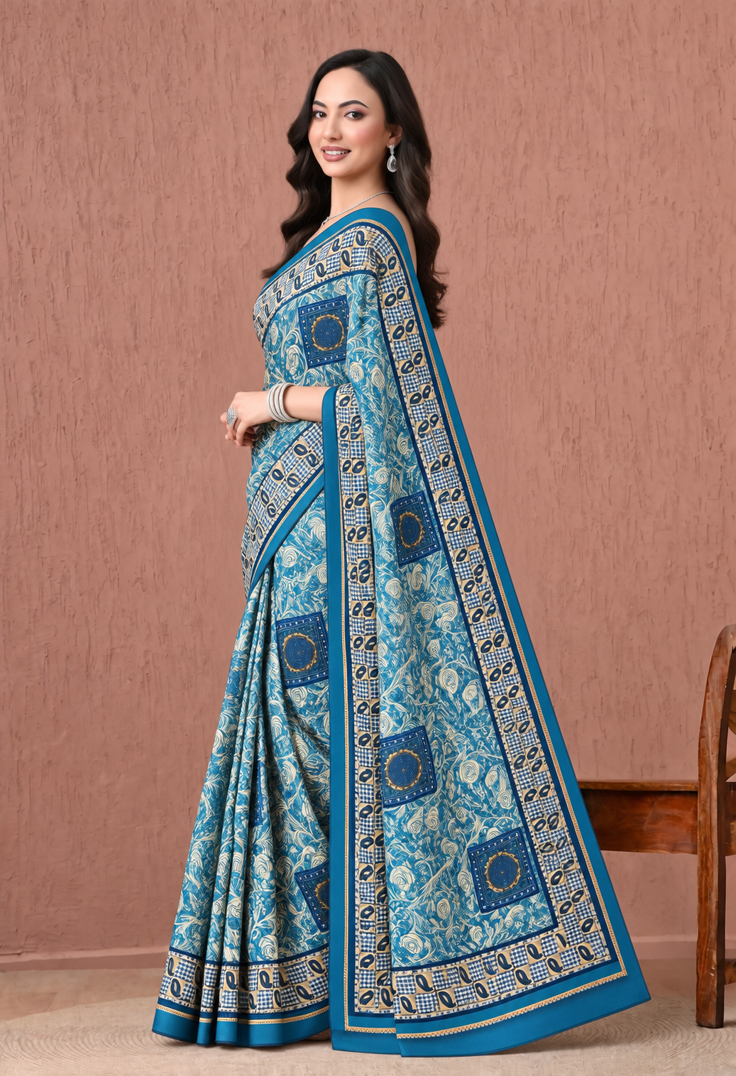 Elegant Teal Blue Chiffon Saree with Traditional Floral Print
