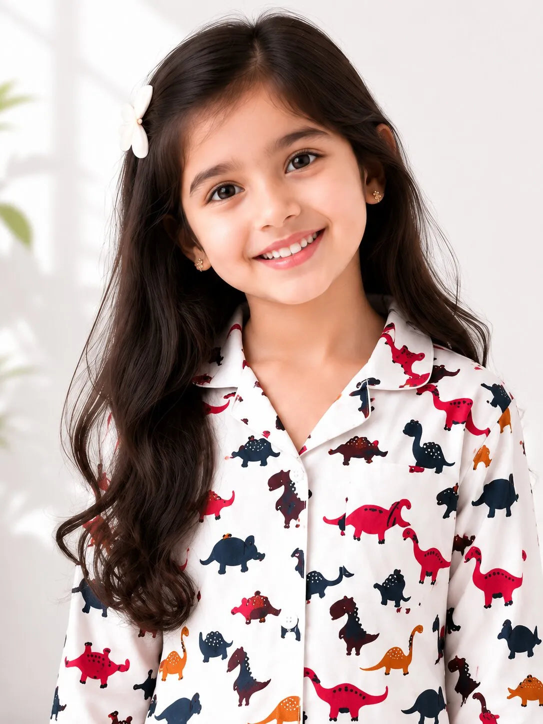 Kids Girls Full Sleeve Collared Pure Cotton Night Suit