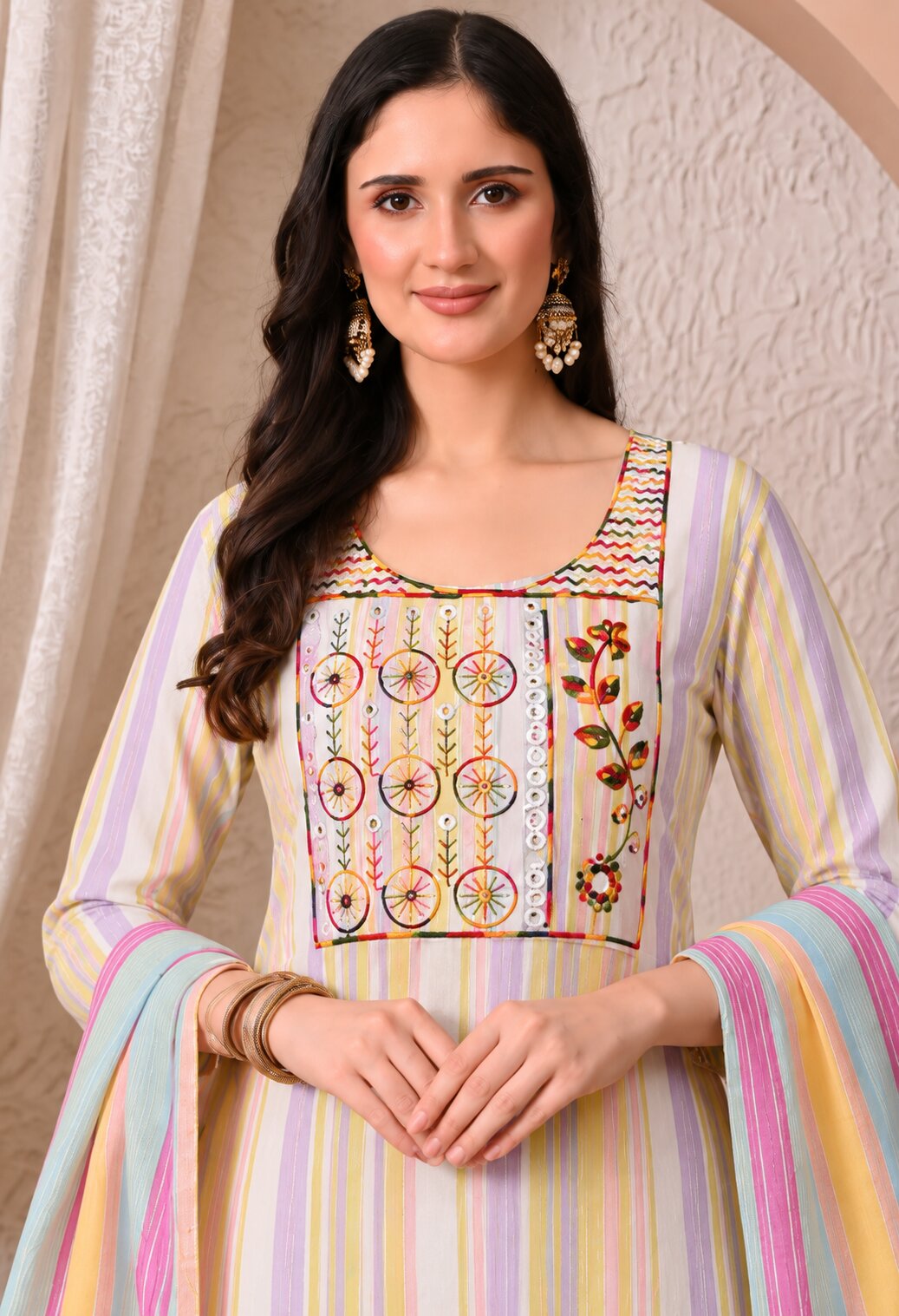 Multicolour Striped Cotton Kurta Set with Matching Dupatta