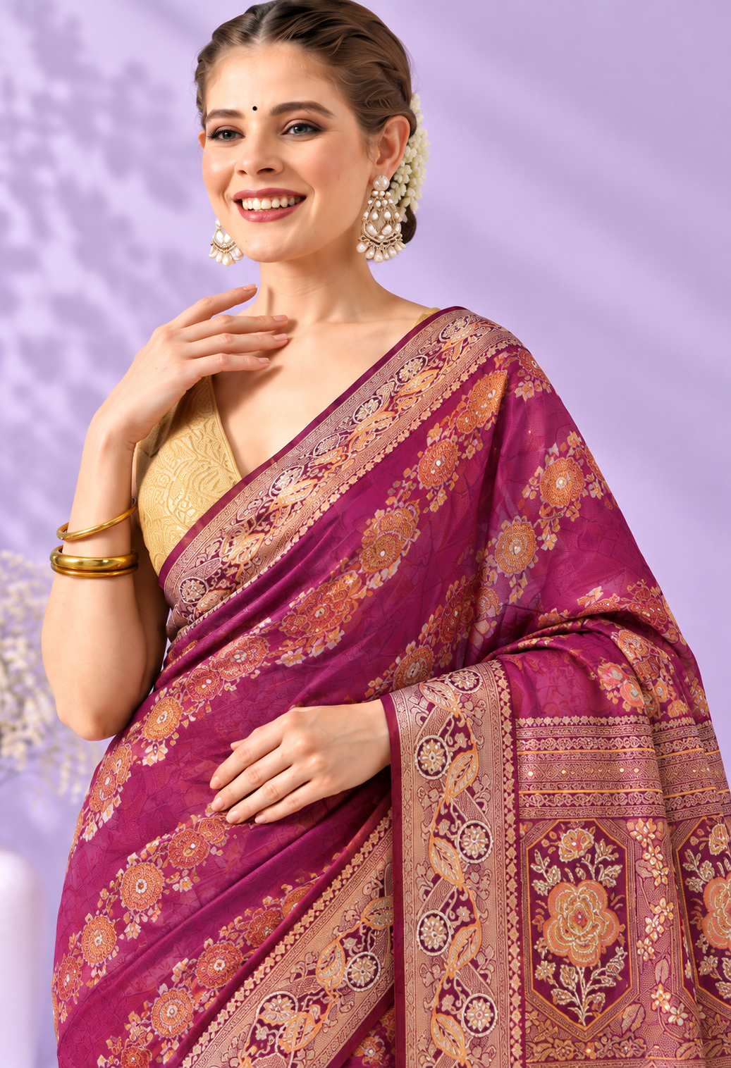 Elegant Pink Printed Saree with Intricate Floral Pallu & Tassel Detailing