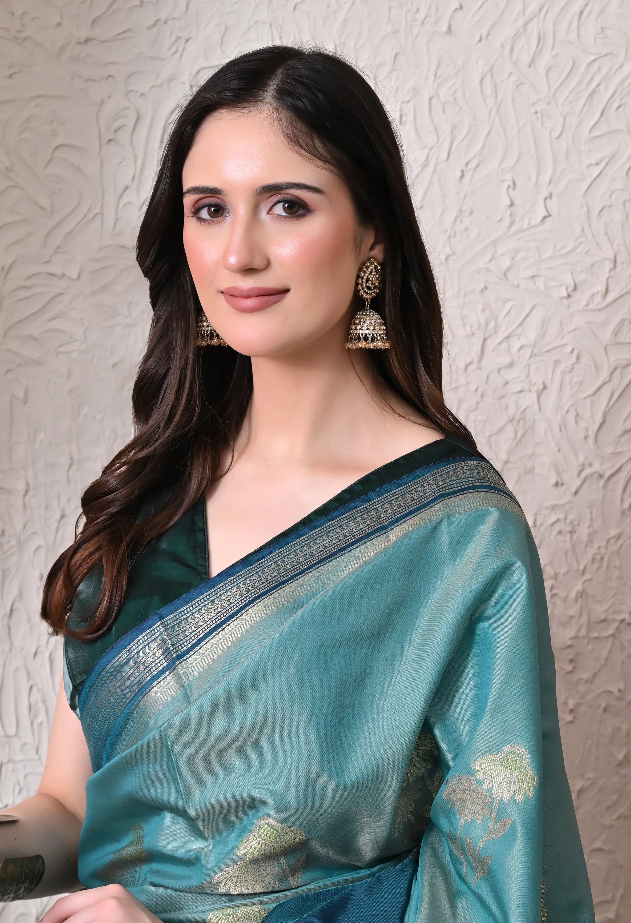 Sophisticated Sea Green and Peacock Blue Silk Blend Saree