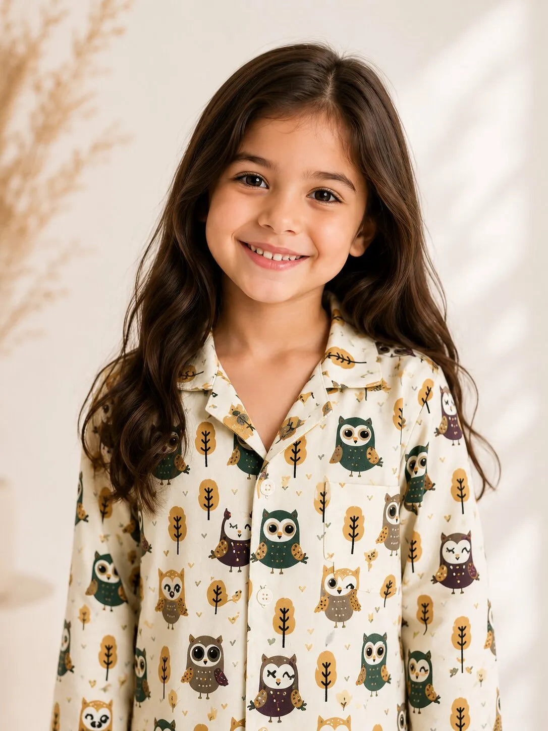 Girls Cream & Brown Owl Print Pure Cotton Night Suit