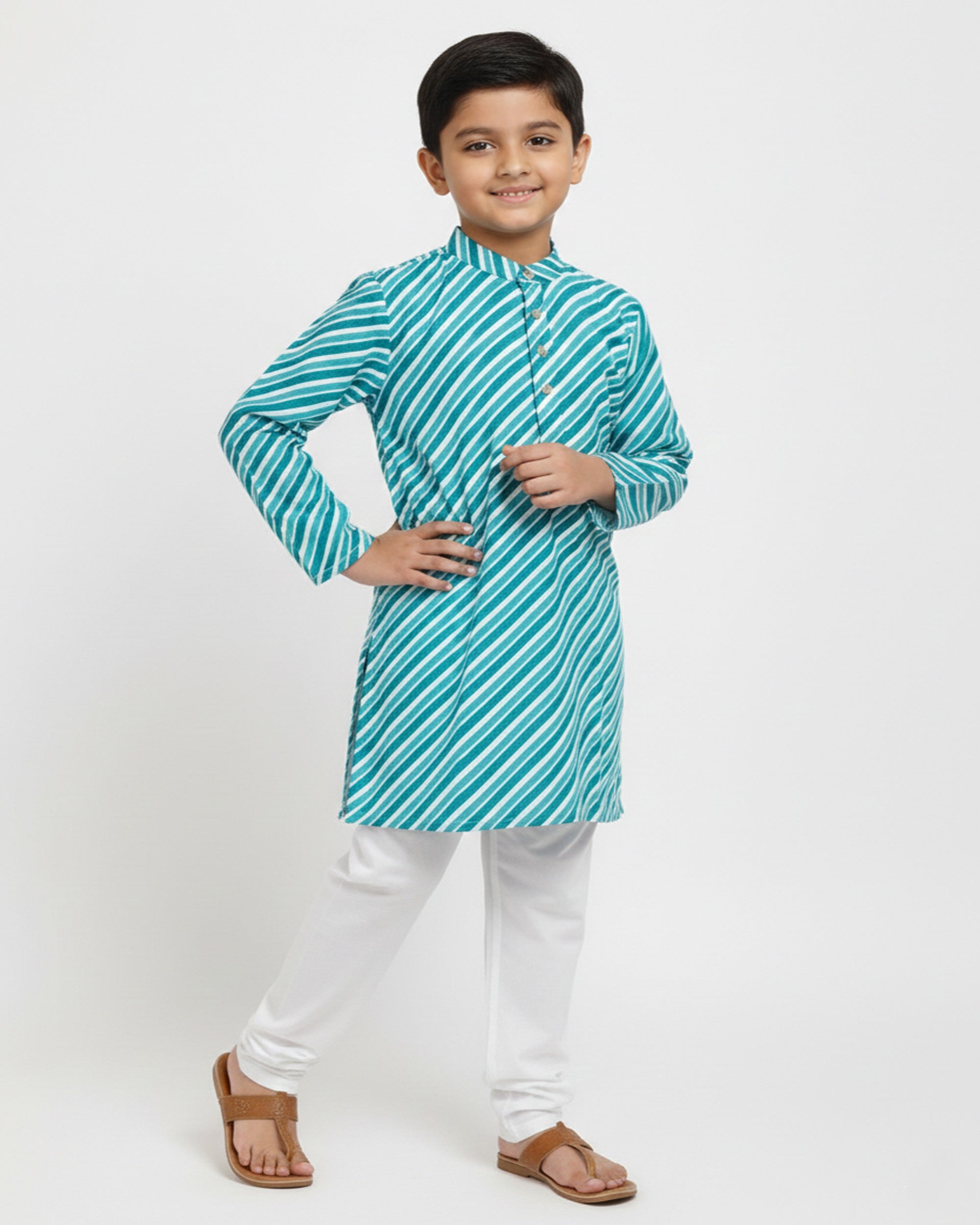 Boys Teal Blue & White Leheriya Printed Pure Cotton Kurta with Pyjamas